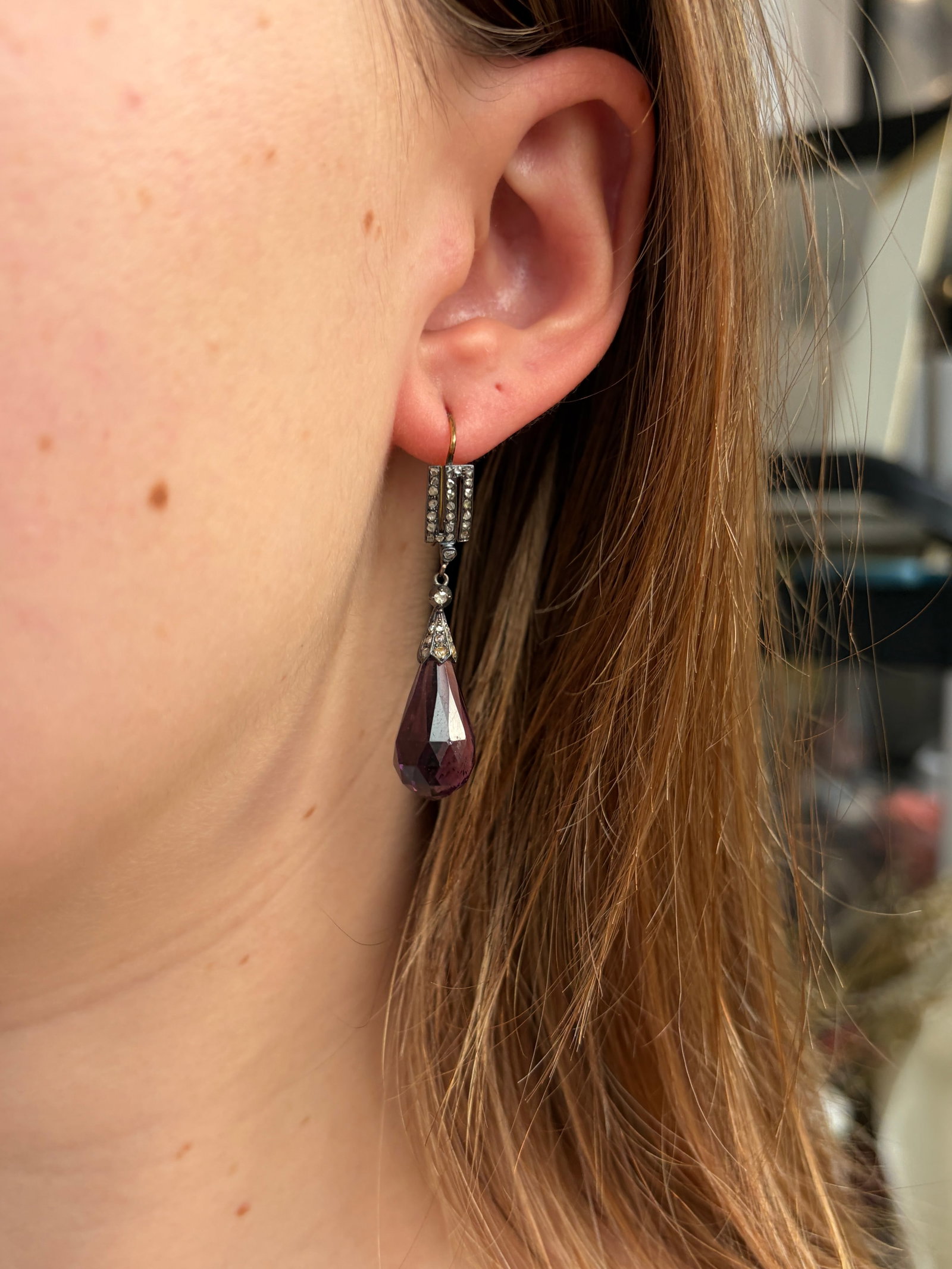Antique carved amethyst and diamond drop earrings in fitted box AF - 6