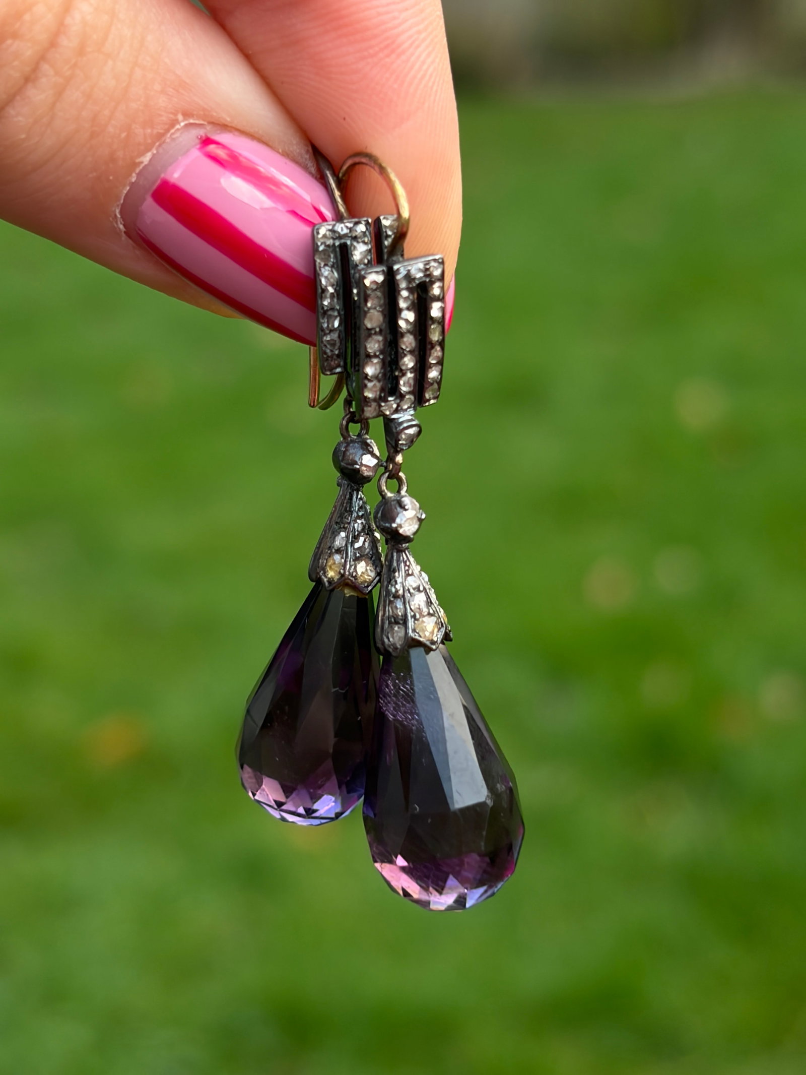 Antique carved amethyst and diamond drop earrings in fitted box AF - 7