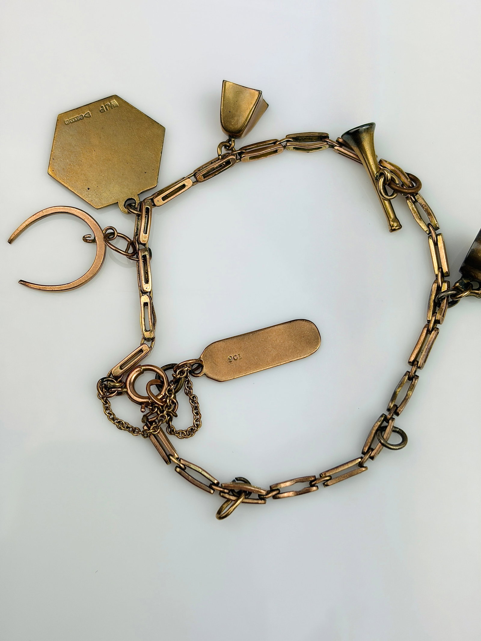 VINTAGE 9CT YELLOW GOLD CHARM BRACELET WITH ENAMEL HORSESHOE, ST. CHRISTOPHER ETC - 2