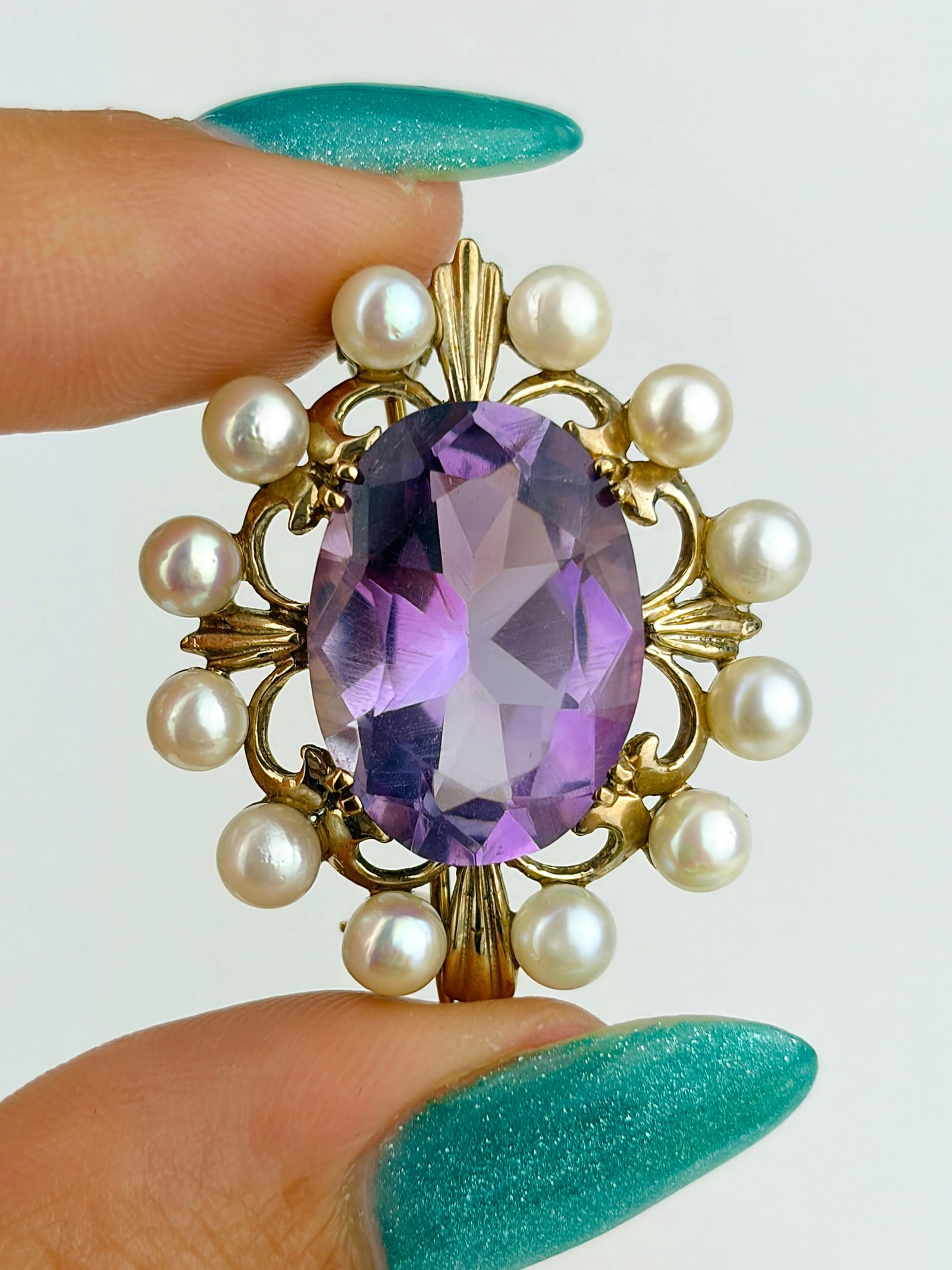 Vintage 9ct Yellow Gold Amethyst and Pearl Brooch - 2