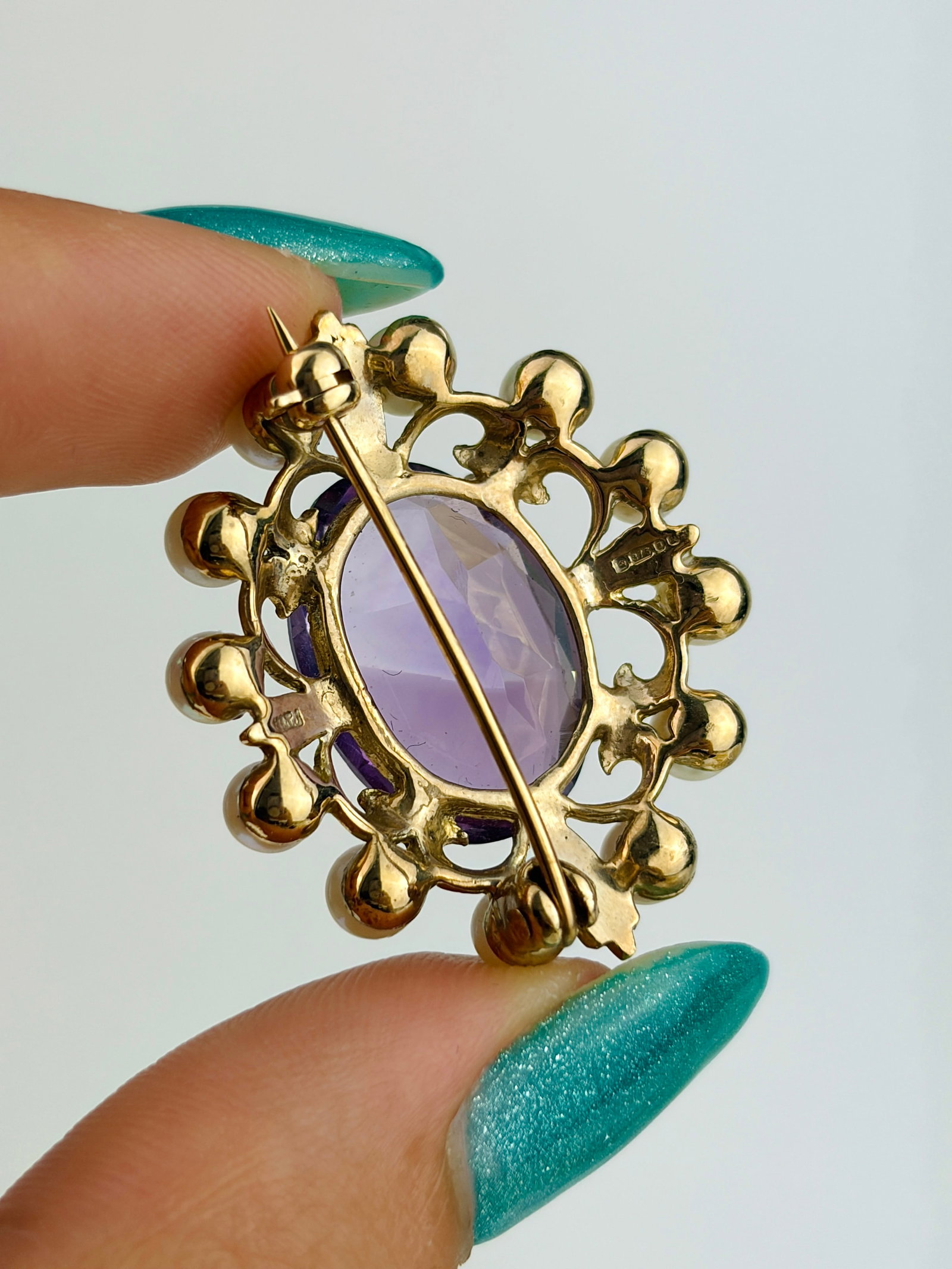 Vintage 9ct Yellow Gold Amethyst and Pearl Brooch - 4