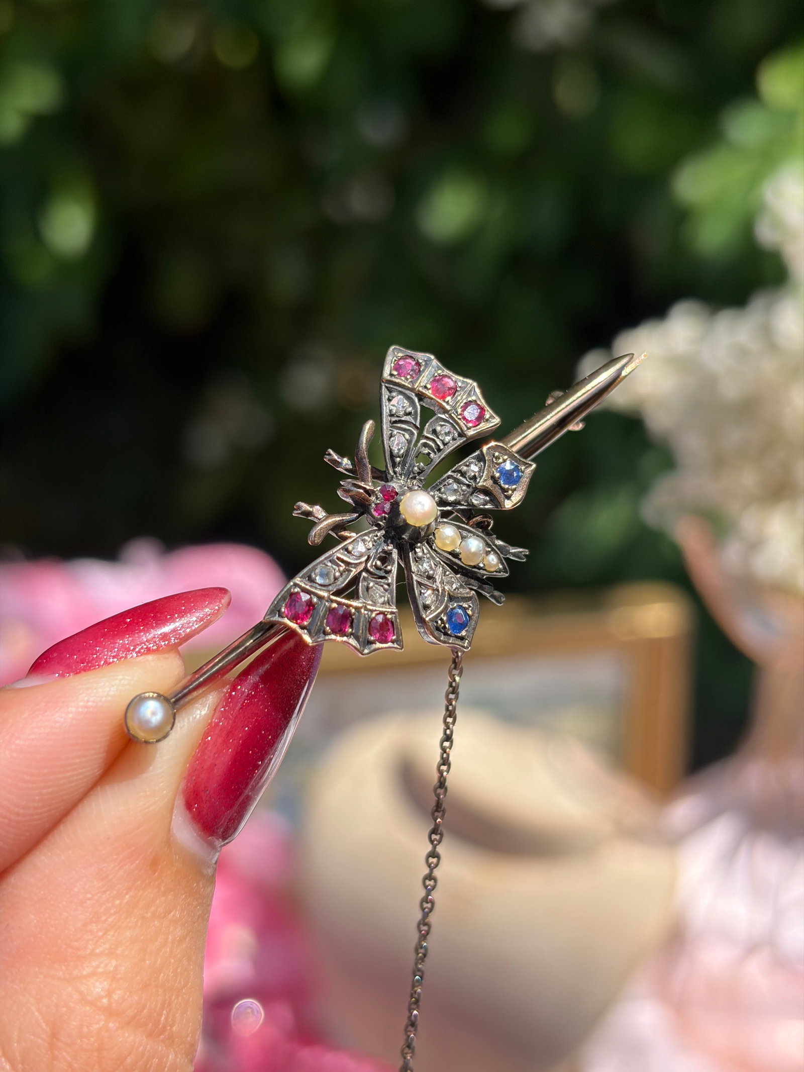 LARGE SIZE - ANTIQUE RUBY , DIAMOND , SAPPHIRE AND PEARL BUTTERFLY BROOCH IN GOLD - 8