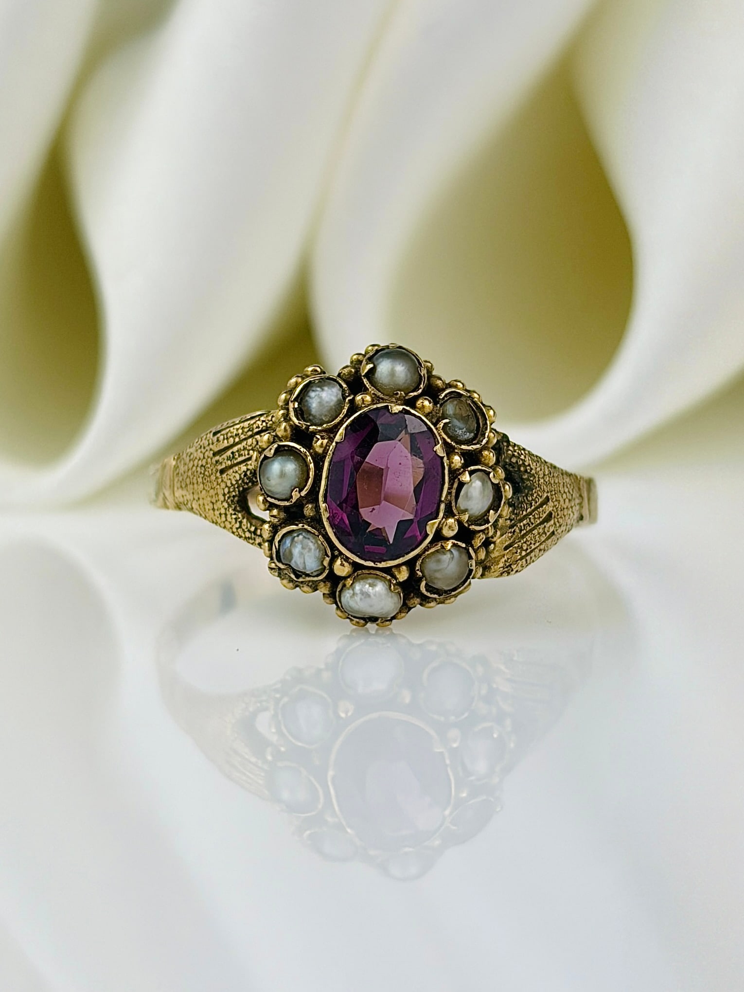antique gemset and pearl cluster ring in gold: antique gemset and pearl cluster ring in gold