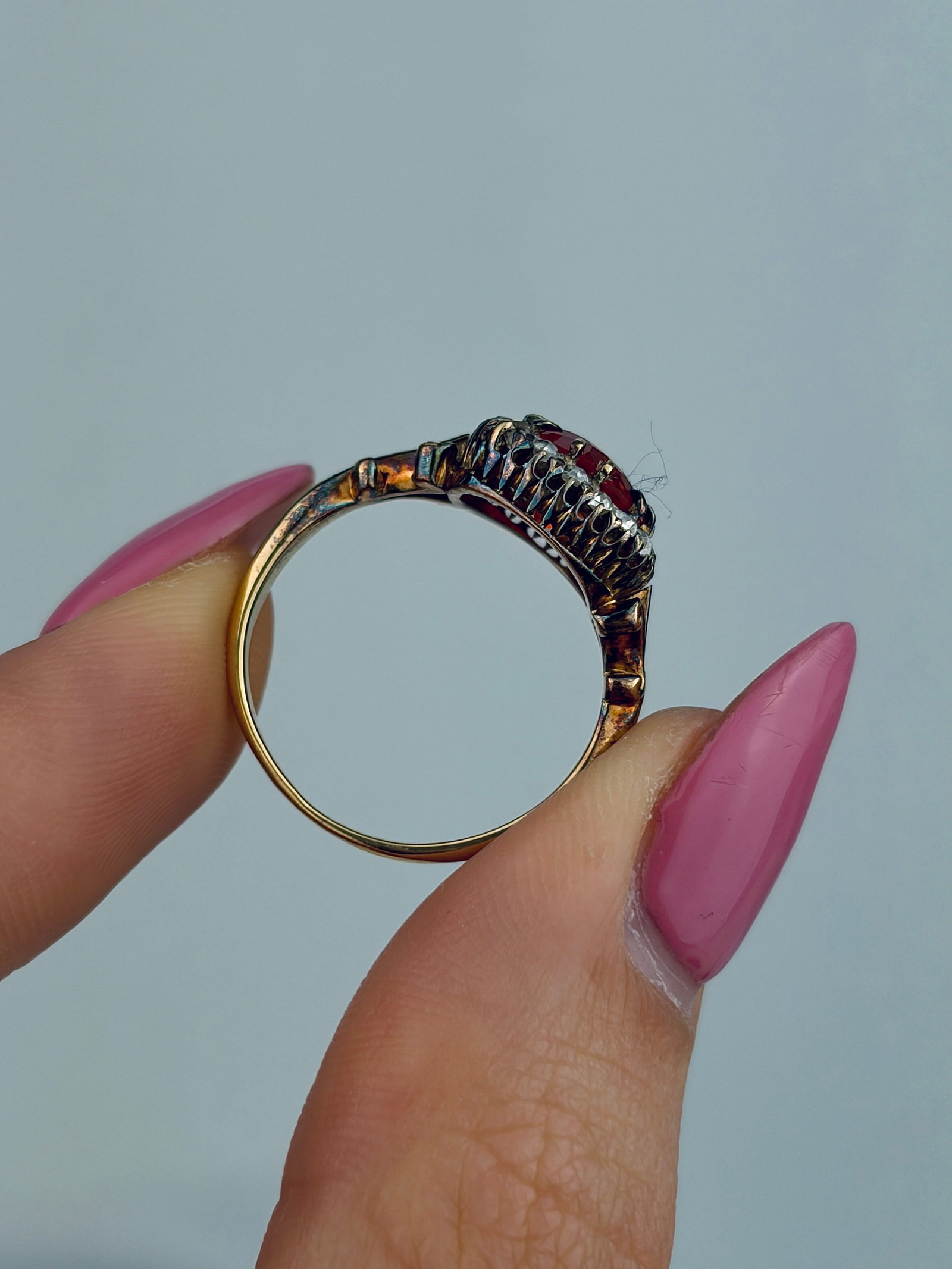 ANTIQUE GOLD FIRE OPAL AND DIAMOND HALO RING - 6