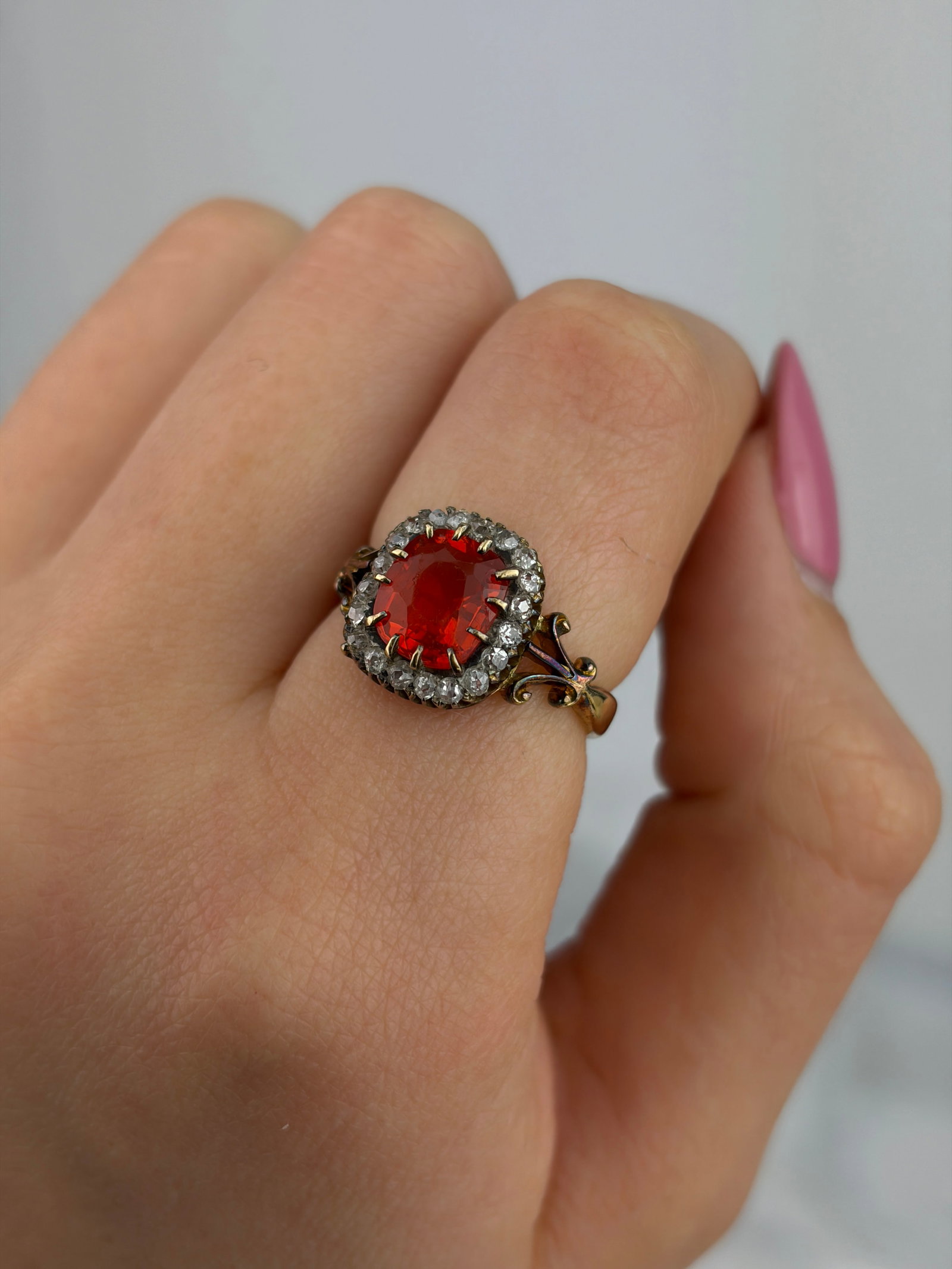 ANTIQUE GOLD FIRE OPAL AND DIAMOND HALO RING - 8