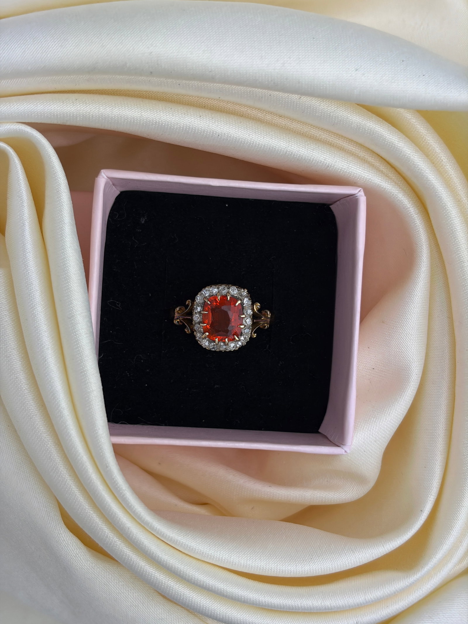 ANTIQUE GOLD FIRE OPAL AND DIAMOND HALO RING - 9