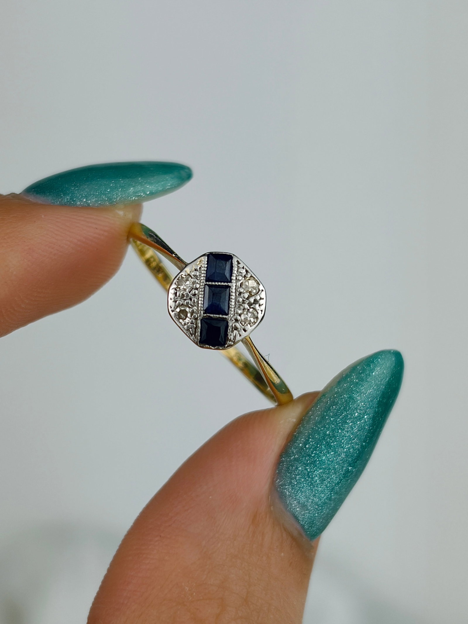 Art Deco Era 18ct and Platinum Sapphire and Diamond Panel Ring - 5