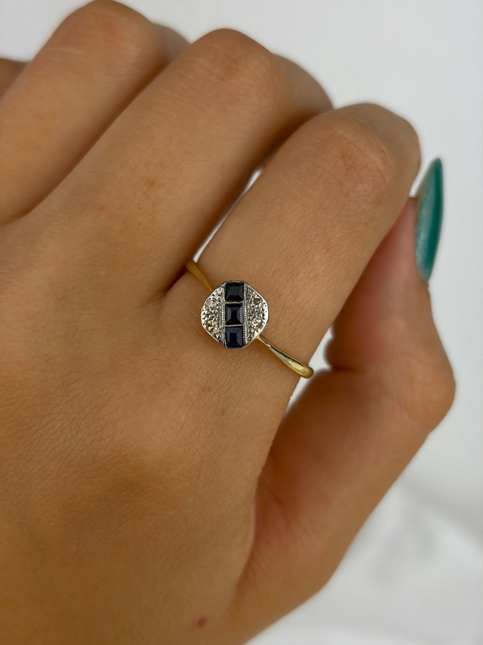 Art Deco Era 18ct and Platinum Sapphire and Diamond Panel Ring - 8