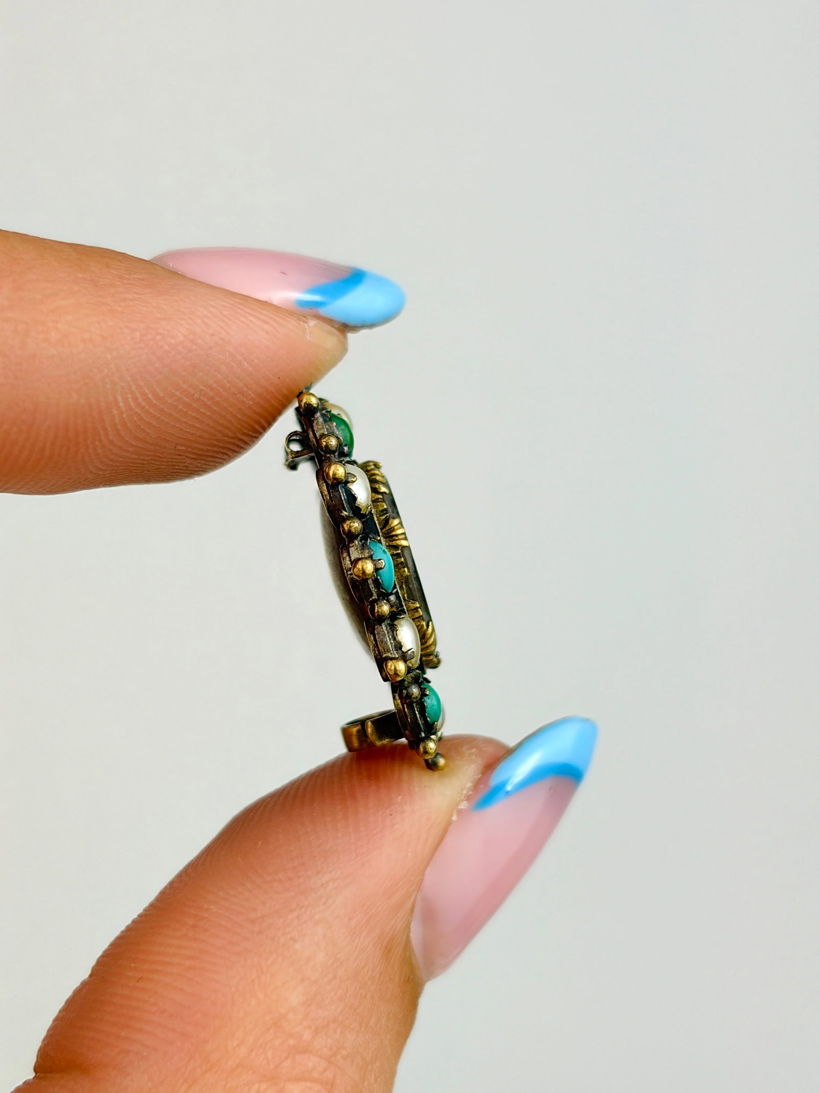 ANTIQUE GOLD TURQUOISE AND PEARL LOCKET FRONT BROOCH AF - 2