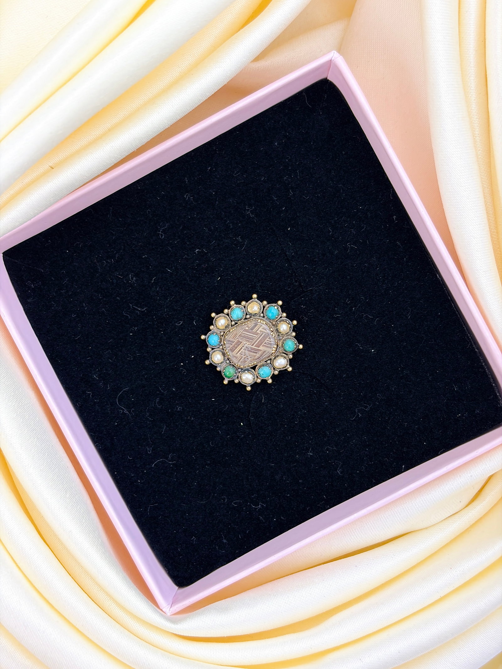 ANTIQUE GOLD TURQUOISE AND PEARL LOCKET FRONT BROOCH AF - 4