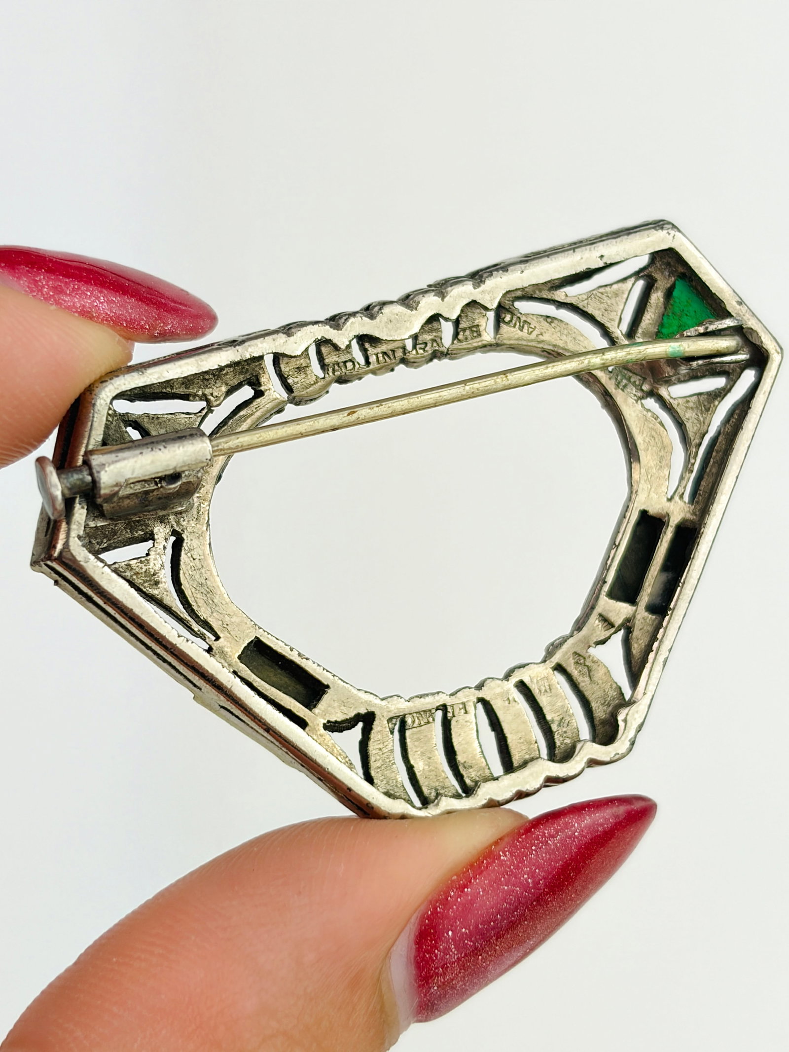 ART DECO ERA ANTIQUE SILVER MARCASITE AND PASTE BROOCH - 3