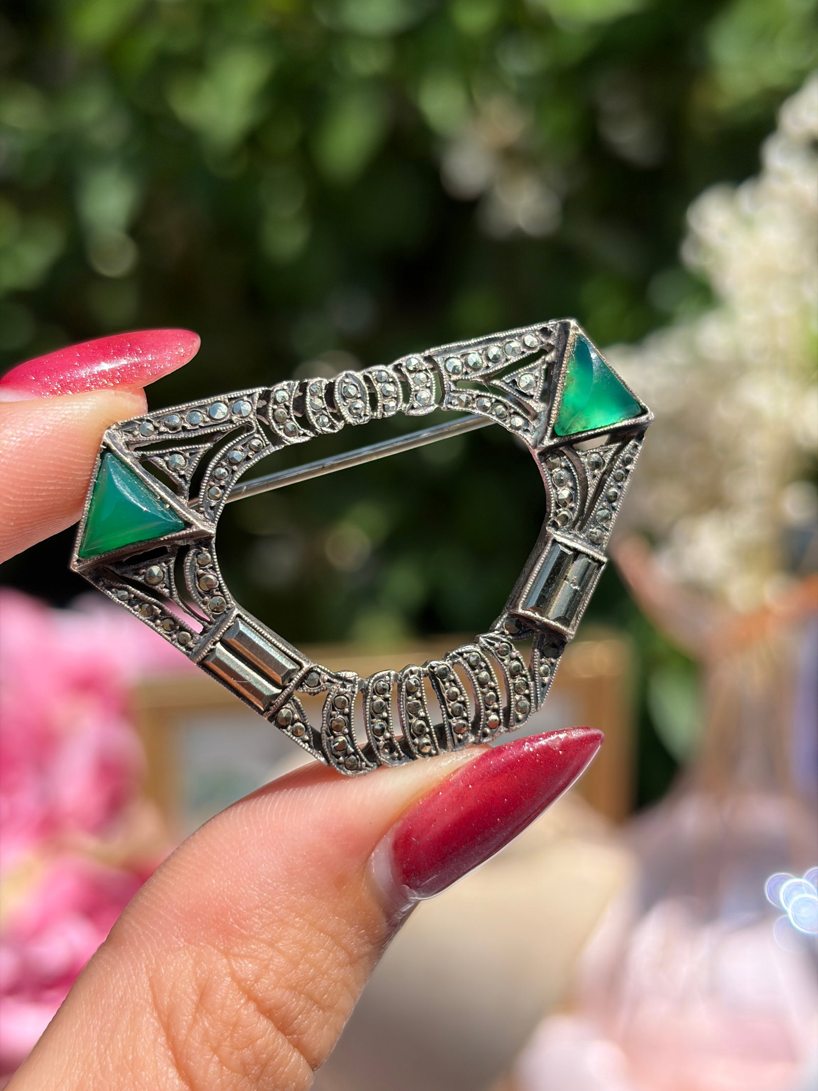 ART DECO ERA ANTIQUE SILVER MARCASITE AND PASTE BROOCH - 8
