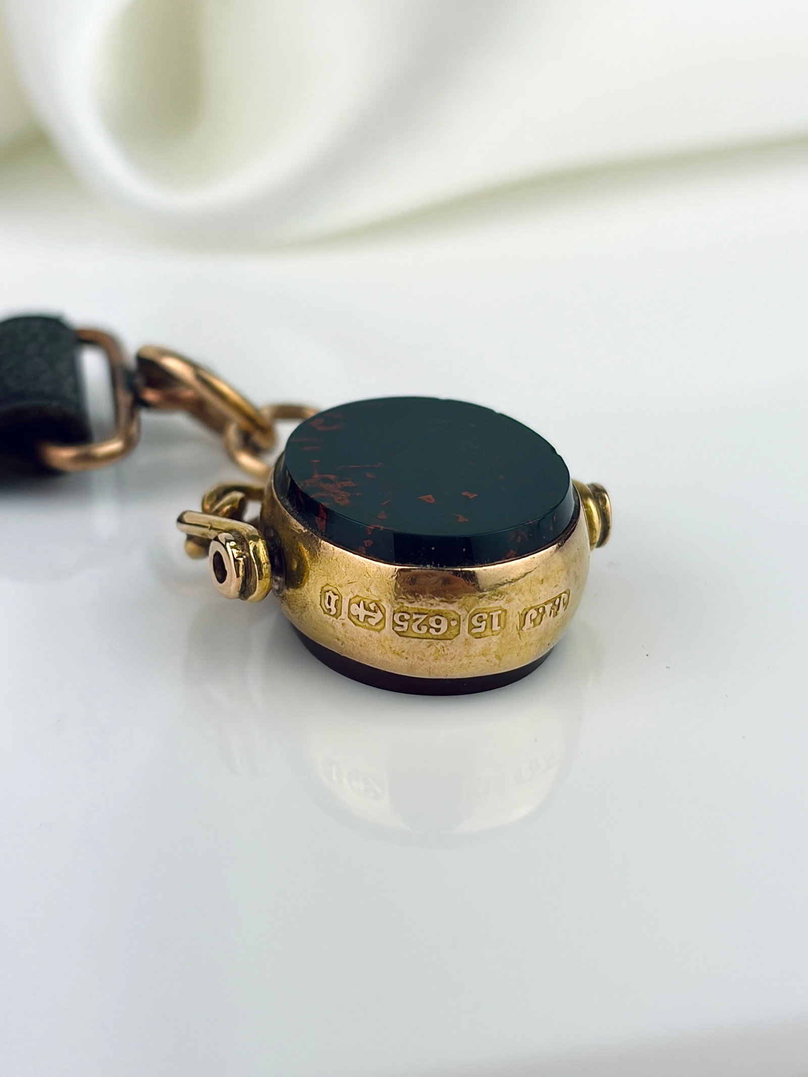 ANTIQUE CHUNKY 15CT GOLD SPINNING FOB SEAL PENDANT ON ANTIQUE LEATHER BRACELET - 3