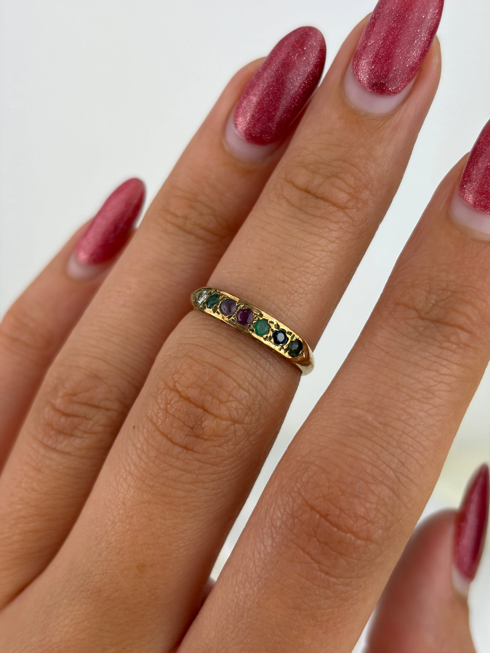 Vintage 9ct Yellow Gold 'Dearest' Acrostic Multigem Half Hoop Ring - 8