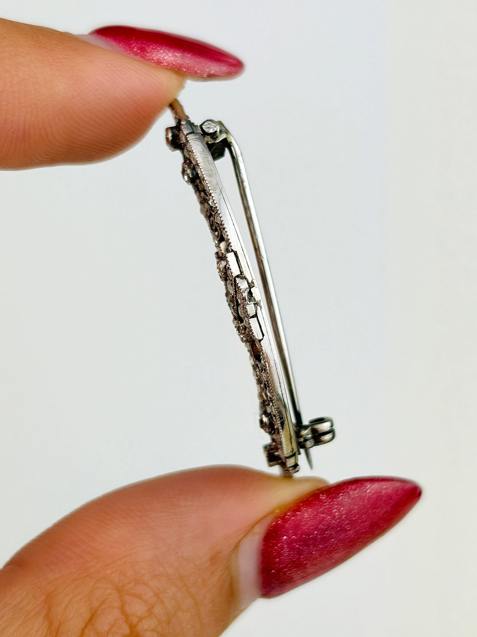 Antique Diamond Crescent Brooch Filagree Details in Platinum - 2