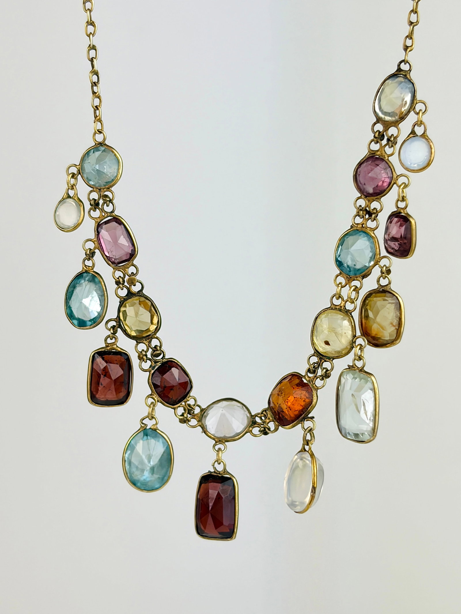 ANTIQUE MULTIGEMSTONE HARLEQUIN FRINGE NECKLACE IN GOLD - 5