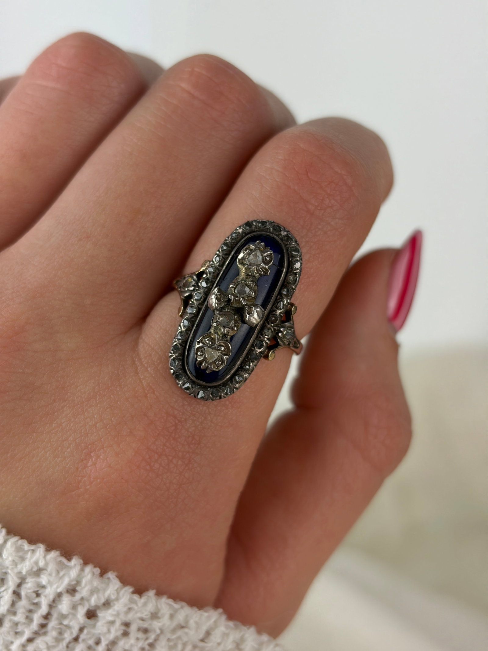 Antique Georgian era rose cut diamond and bristol blue glass 15ct gold panel ring - 9
