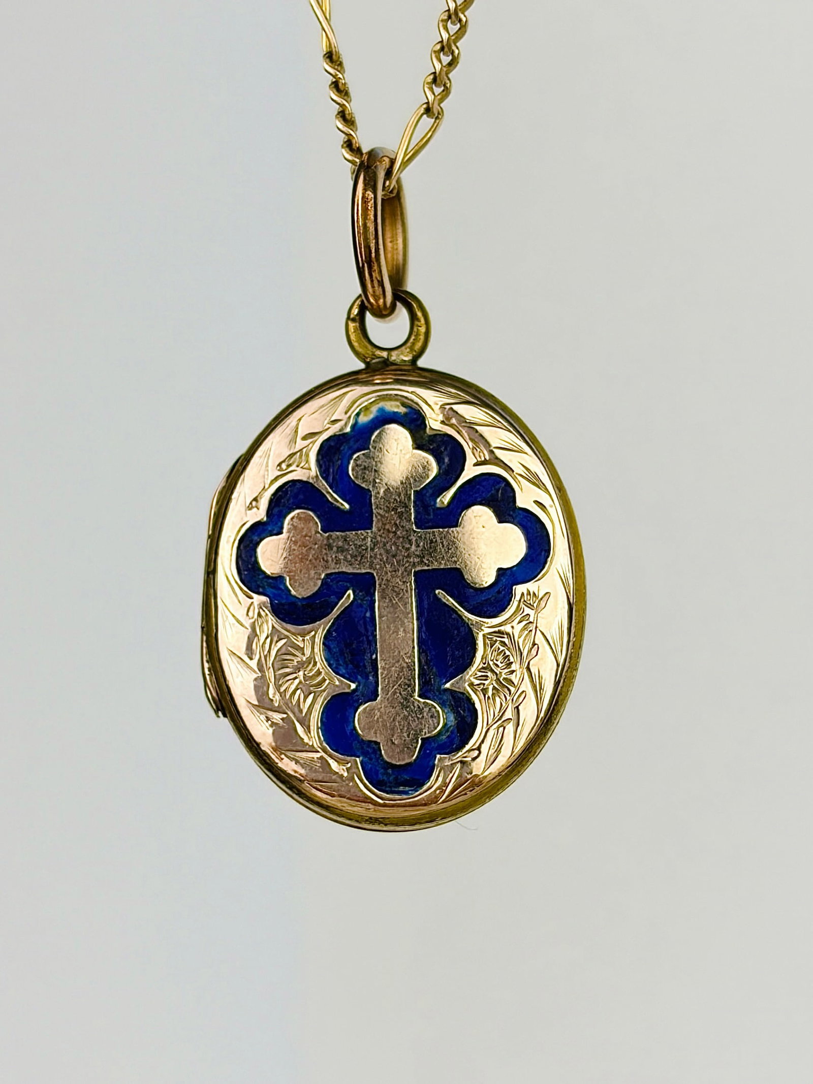 Antique Blue Enamel and Gold Cross Opening Locket Pendant: Antique Blue Enamel and Gold Cross Opening Locket Pendant