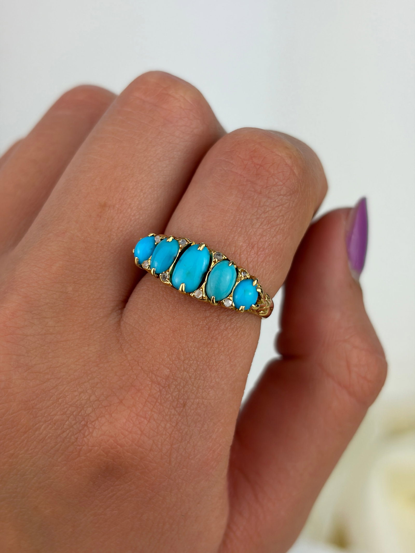 ANTIQUE C.1903 18CT YELLOW GOLD TURQUOISE 5 STONE RING - 9