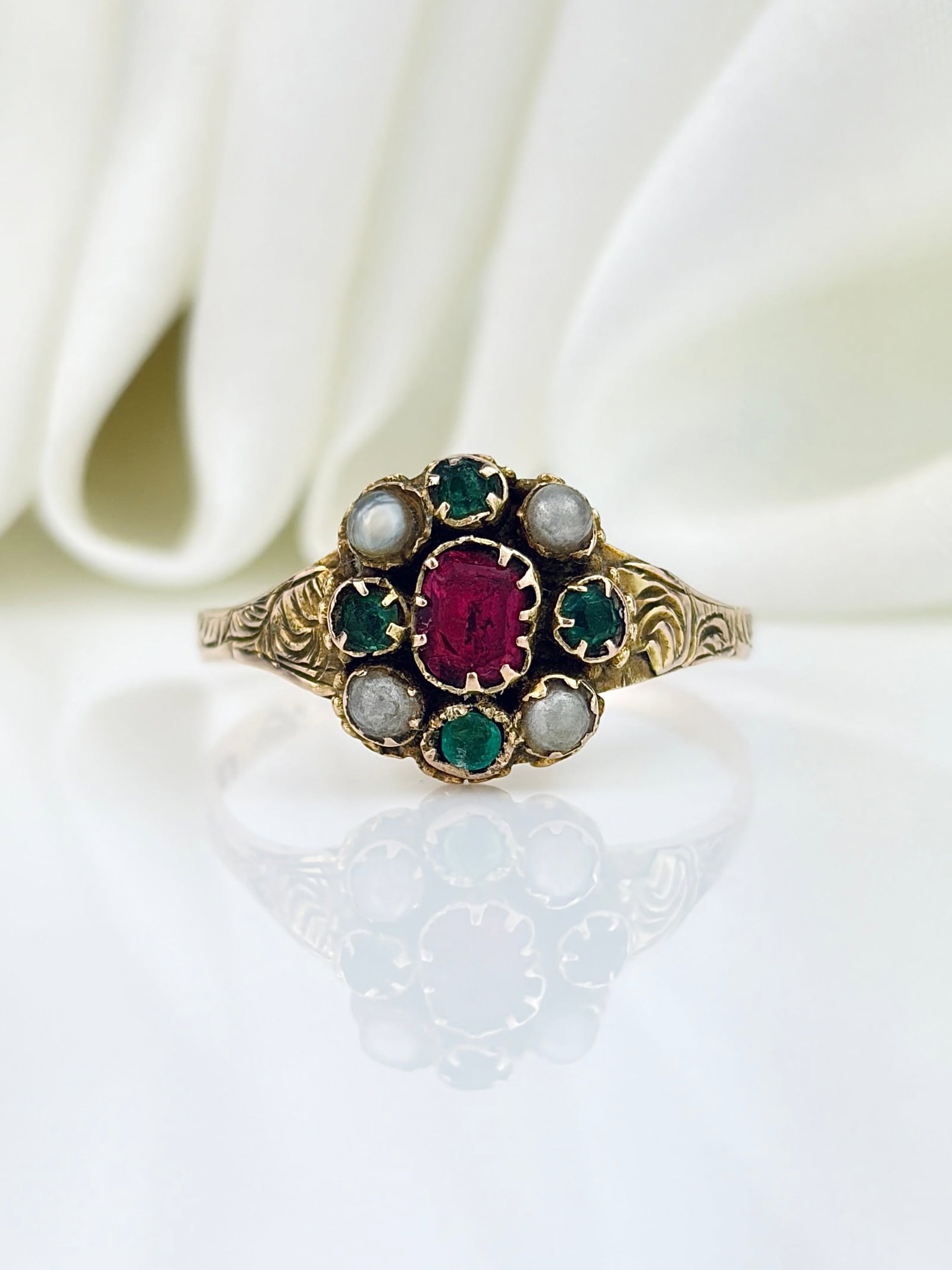 ANTIQUE VICTORIAN 12CT YELLOW GOLD GEMSET CLUSTER RING: ANTIQUE VICTORIAN 12CT YELLOW GOLD GEMSET CLUSTER RING Lovely antique victorian cluster ring featuring sweet green and pink paste stones, and pearl details!