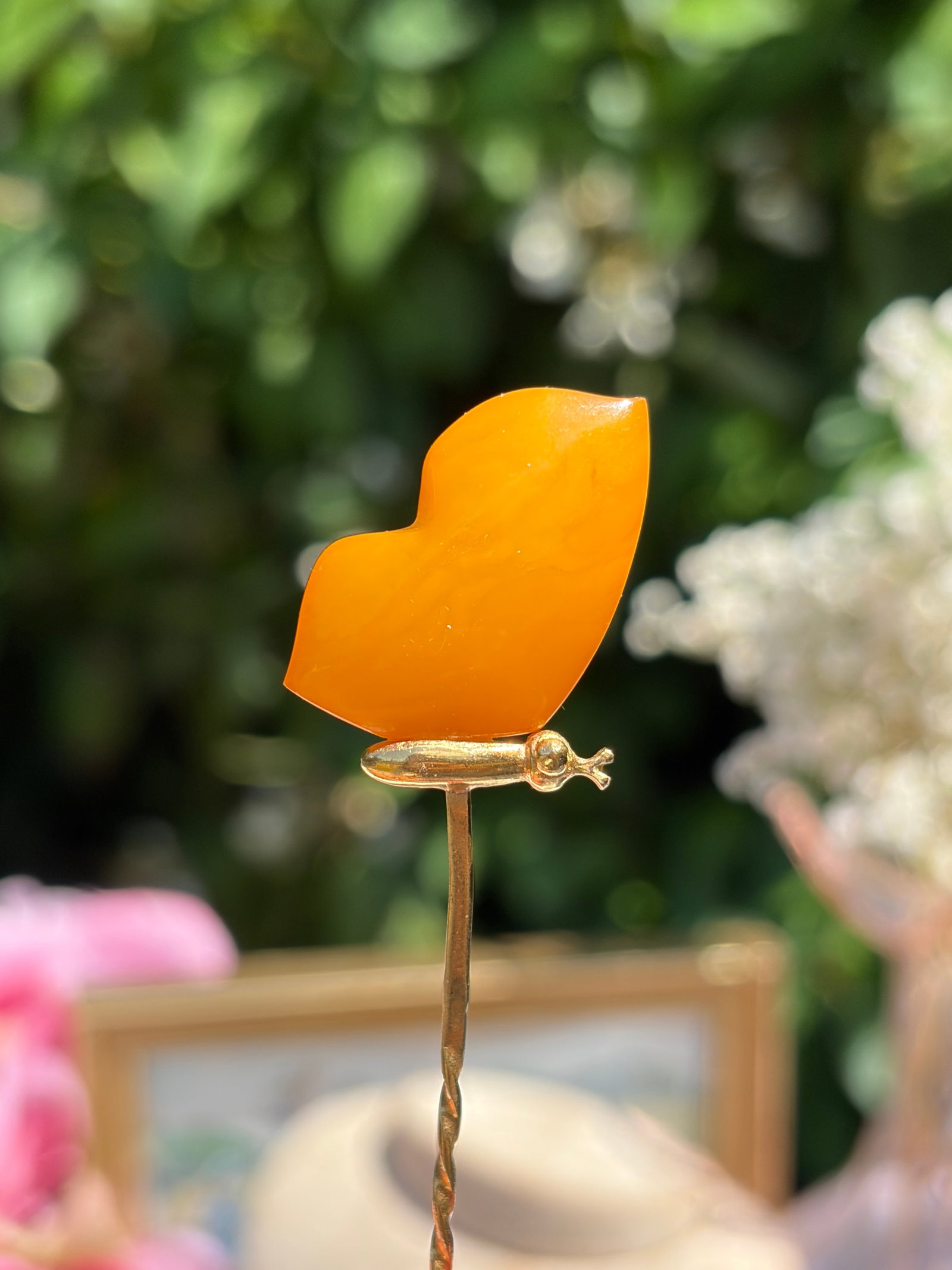 WONDERFUL ANTIQUE CARVED Amber BUTTERFLY STICK PIN BROOCH GOLD - 8