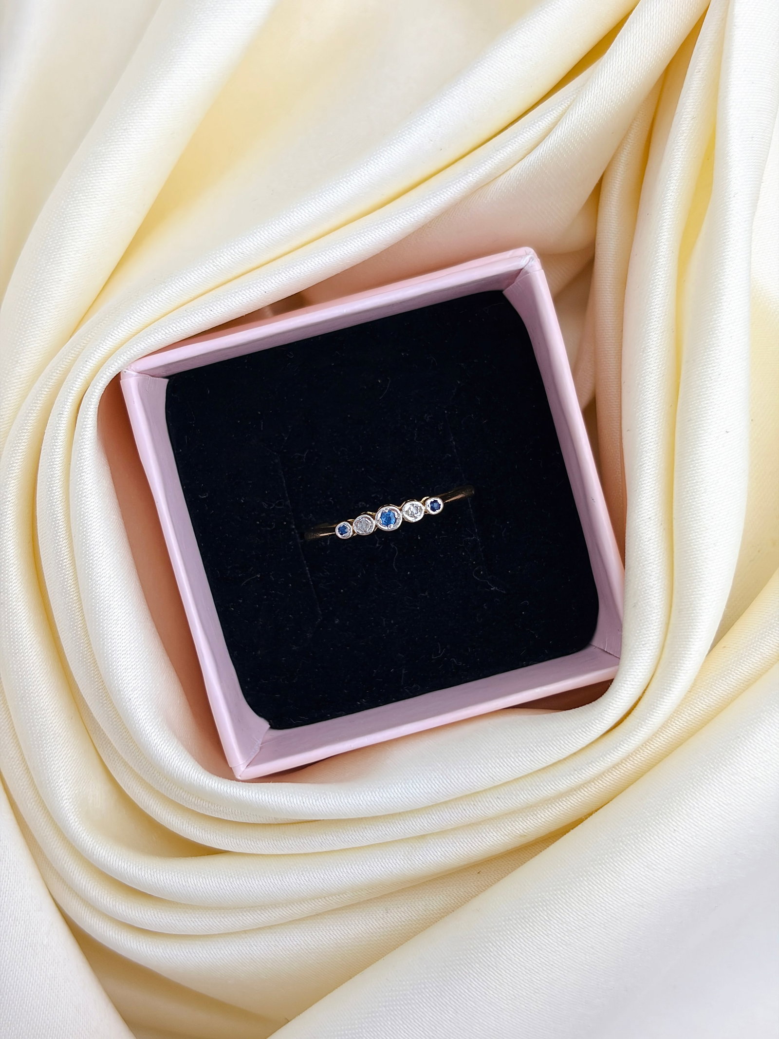 Sweet Art Deco Era 18ct Gold and Platinum Sapphire and Diamond 5 Stone Ring - 7
