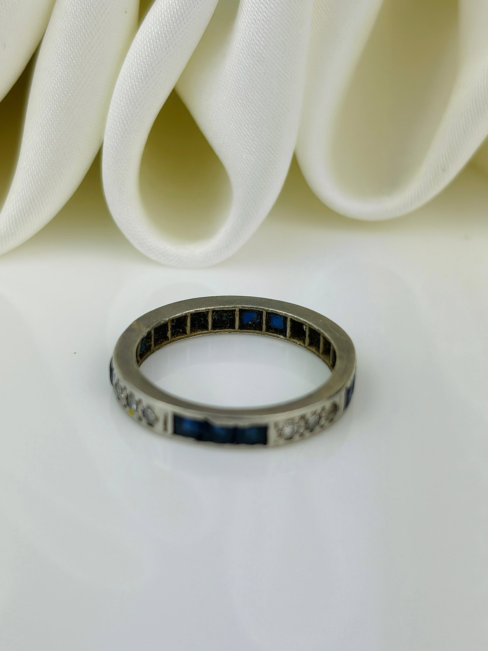 antique sapphire and diamond platinum full eternity band ring - 2