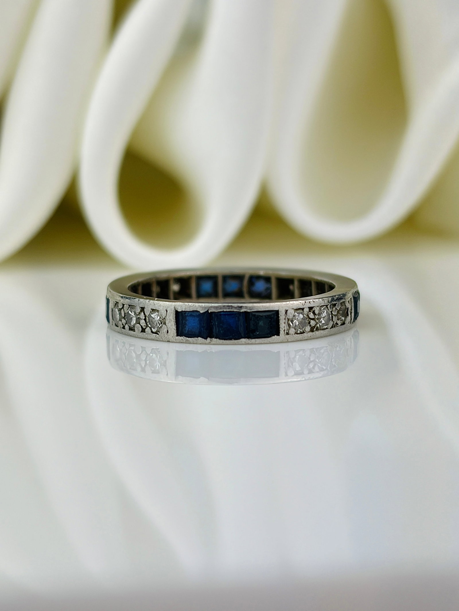 antique sapphire and diamond platinum full eternity band ring - 3