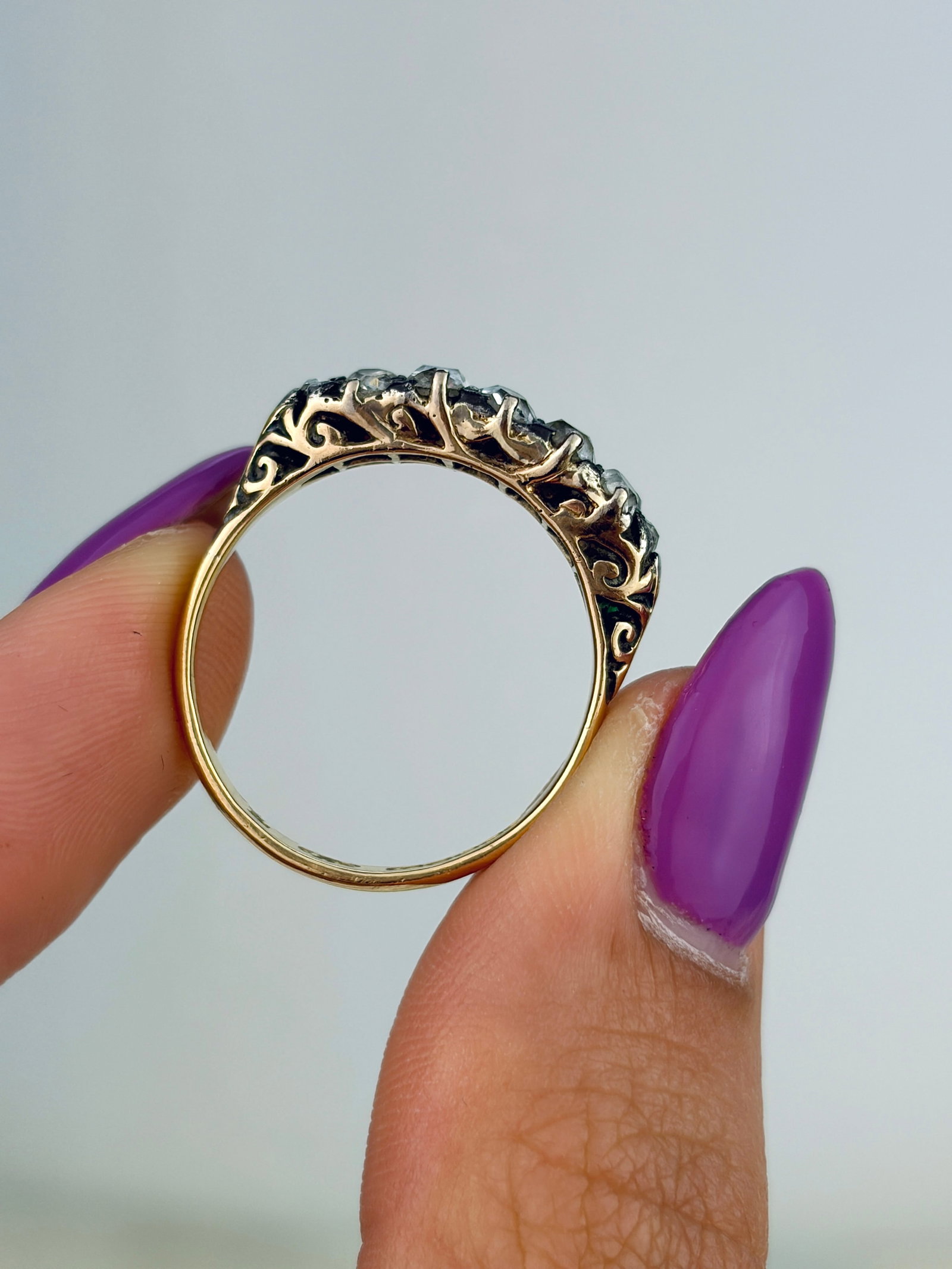 ANTIQUE 18CT YELLOW GOLD OLD MINE CUT DIAMOND DOUBLE ROW RING - 10