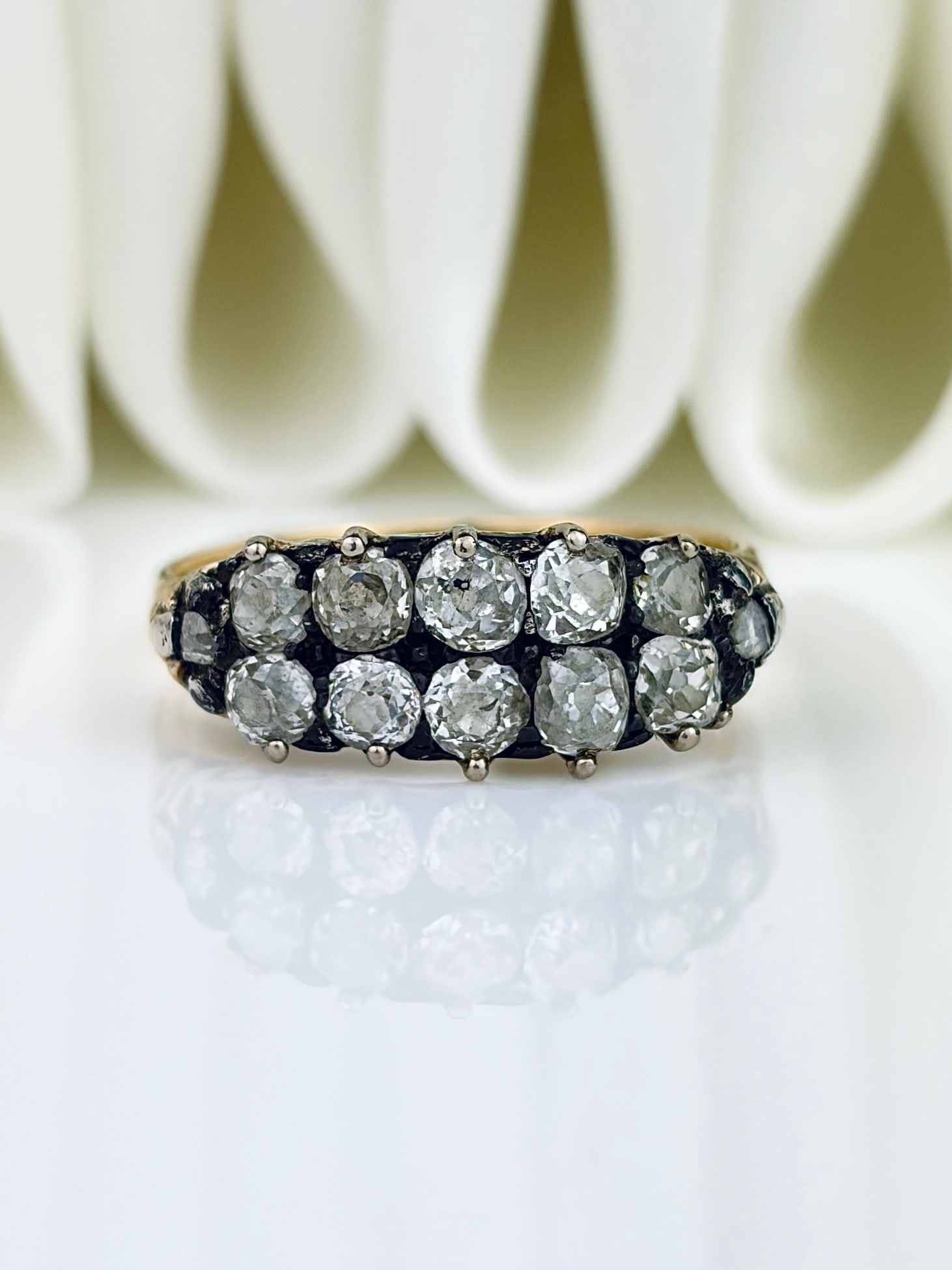 ANTIQUE 18CT YELLOW GOLD OLD MINE CUT DIAMOND DOUBLE ROW RING