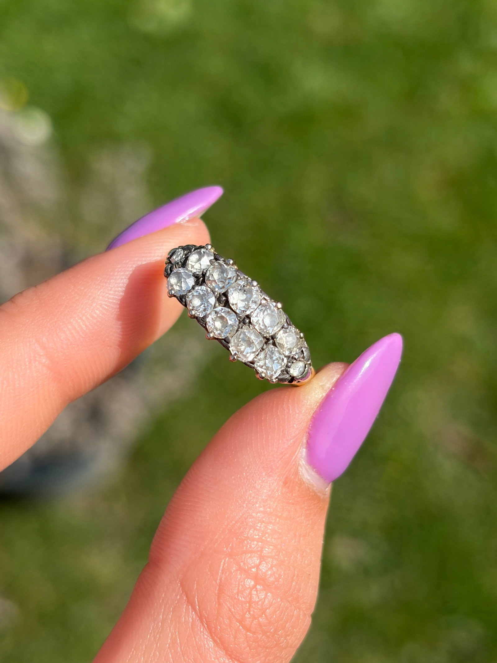 ANTIQUE 18CT YELLOW GOLD OLD MINE CUT DIAMOND DOUBLE ROW RING - 3