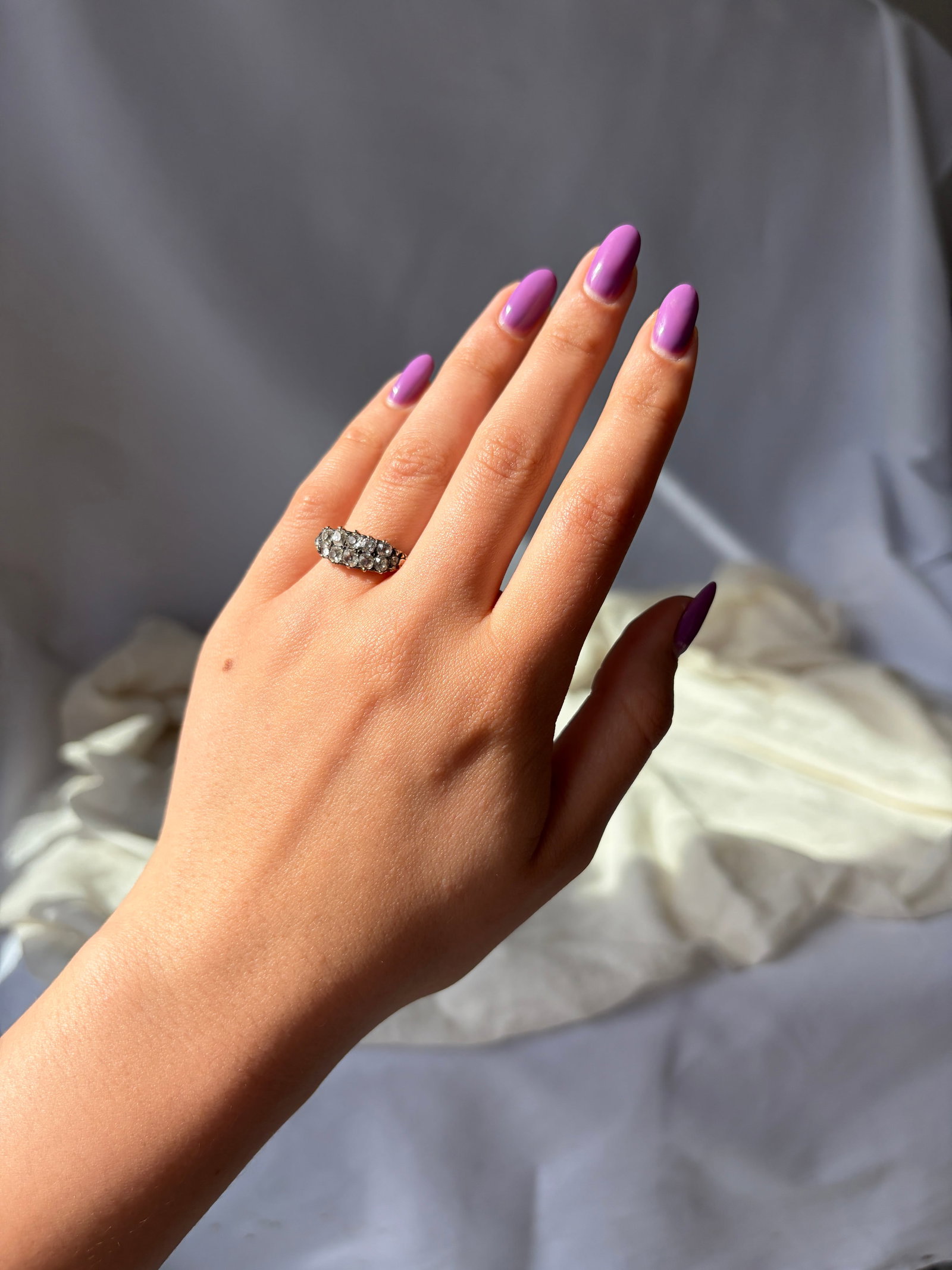 ANTIQUE 18CT YELLOW GOLD OLD MINE CUT DIAMOND DOUBLE ROW RING - 4