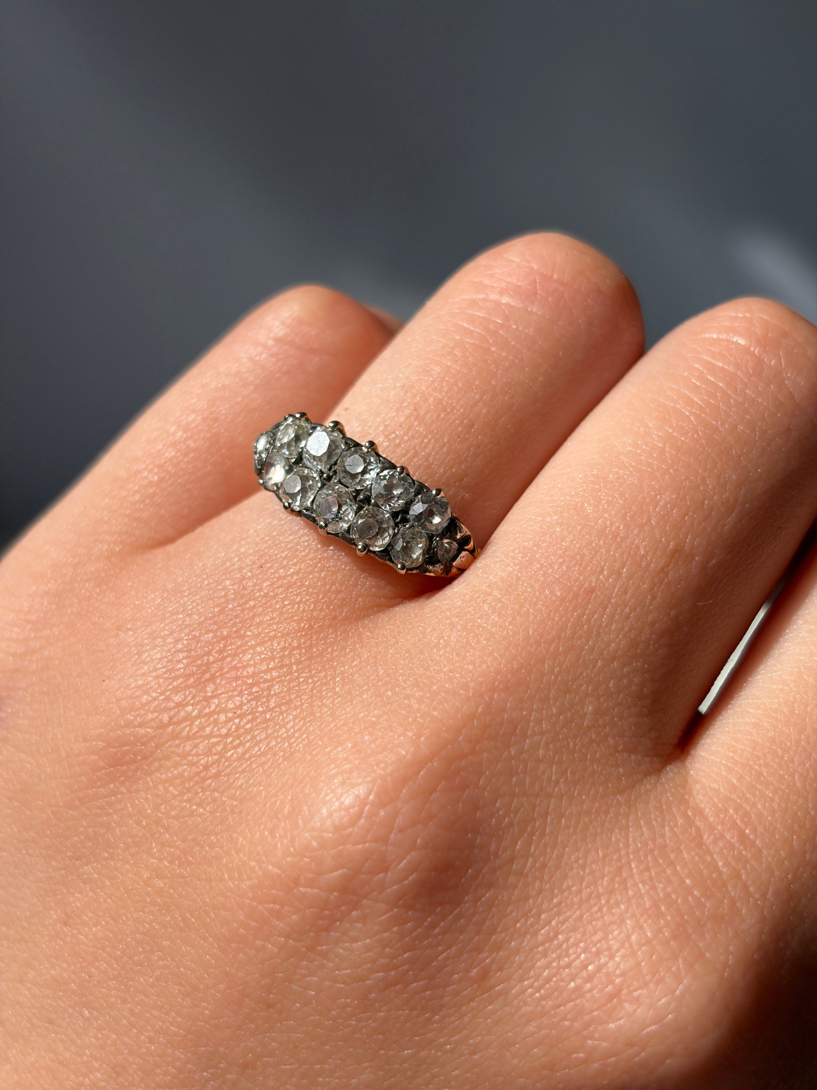 ANTIQUE 18CT YELLOW GOLD OLD MINE CUT DIAMOND DOUBLE ROW RING - 5