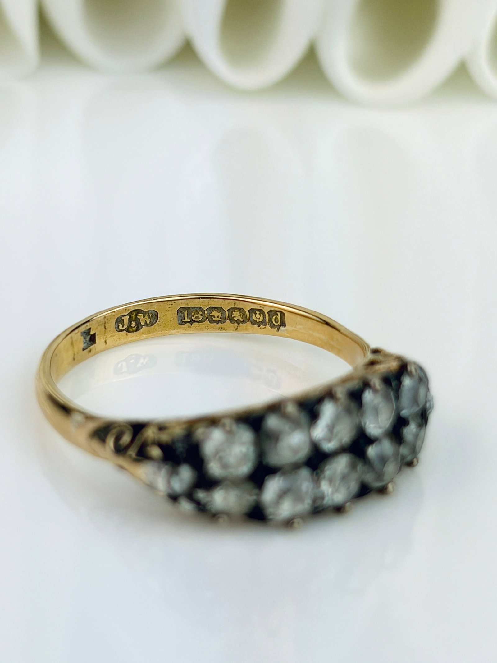 ANTIQUE 18CT YELLOW GOLD OLD MINE CUT DIAMOND DOUBLE ROW RING - 8