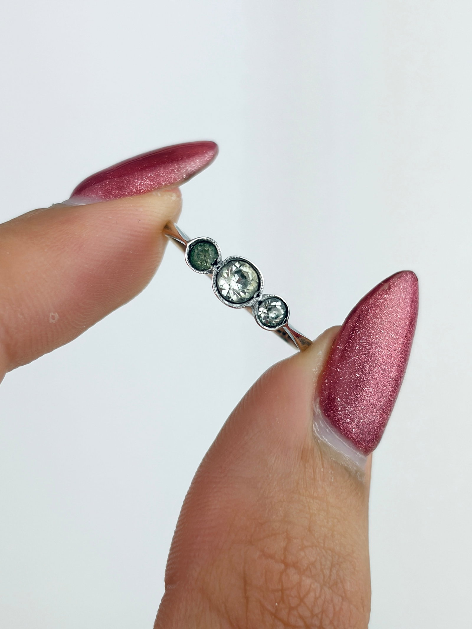 Antique 9ct Gold and Silver Set Paste 3 Stone Ring - 5