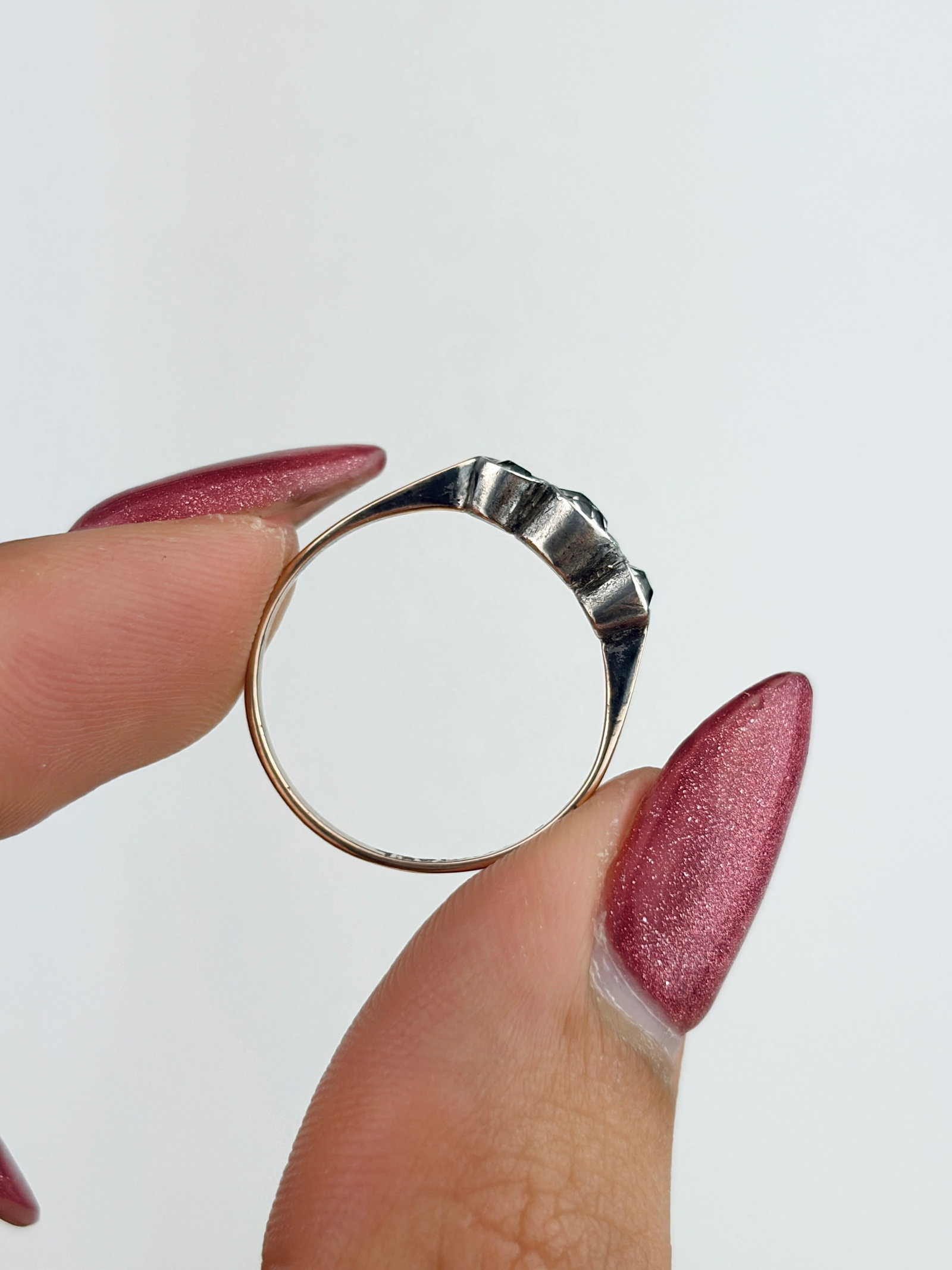 Antique 9ct Gold and Silver Set Paste 3 Stone Ring - 6