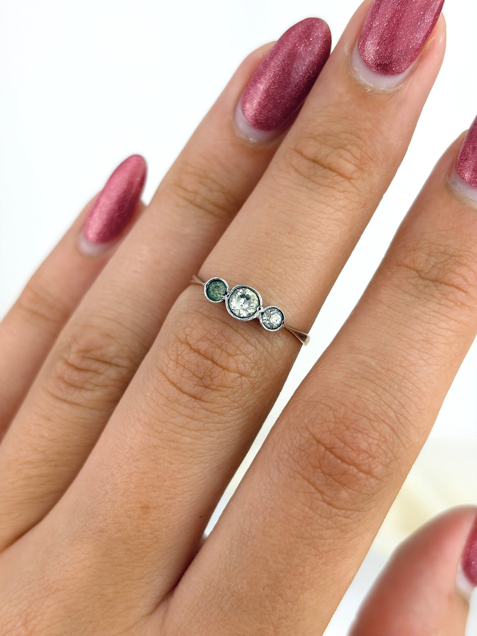 Antique 9ct Gold and Silver Set Paste 3 Stone Ring - 8