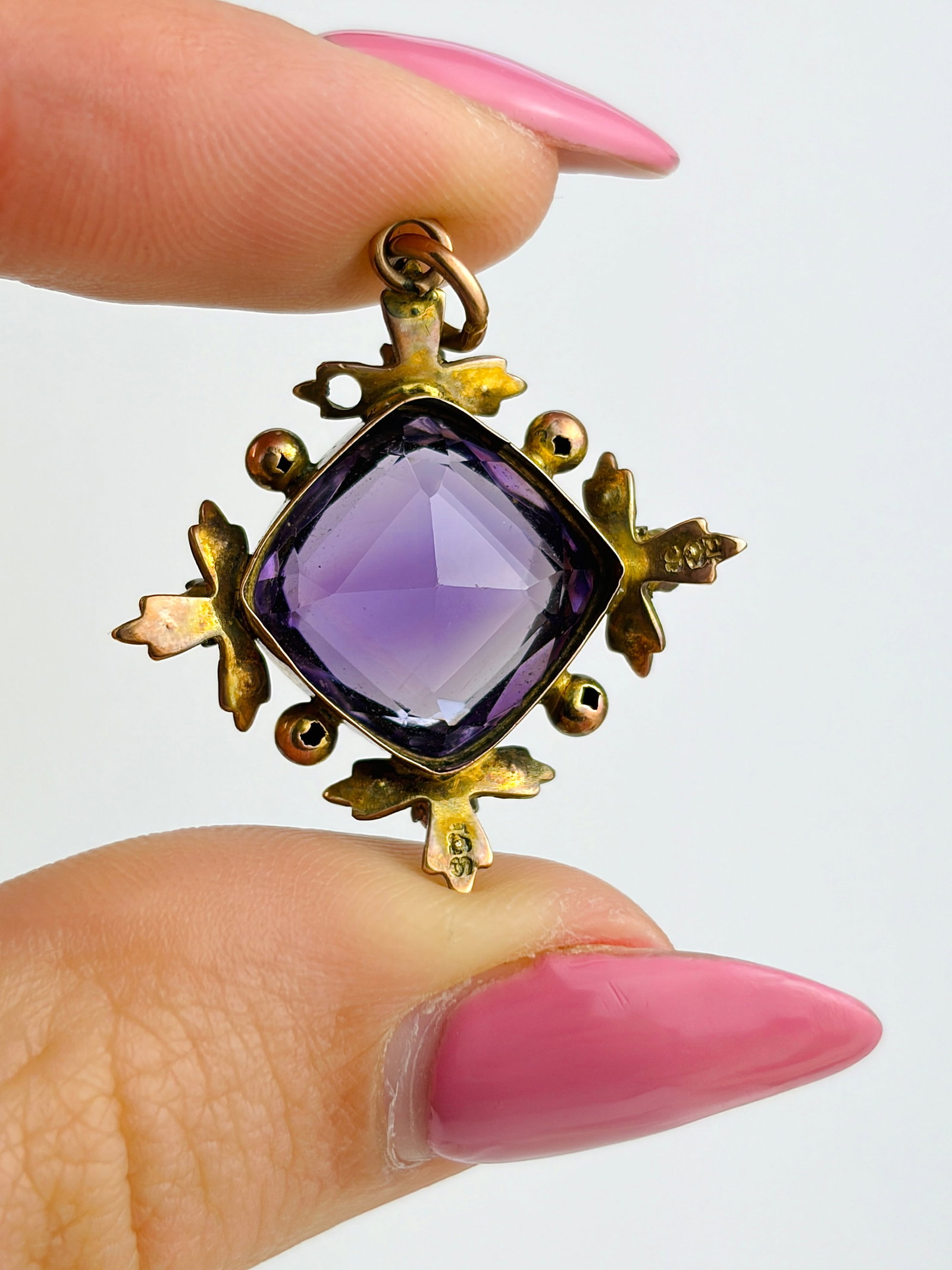 ANTIQUE 9CT YELLOW GOLD AMETHYST AND PEARL PENDANT - 4