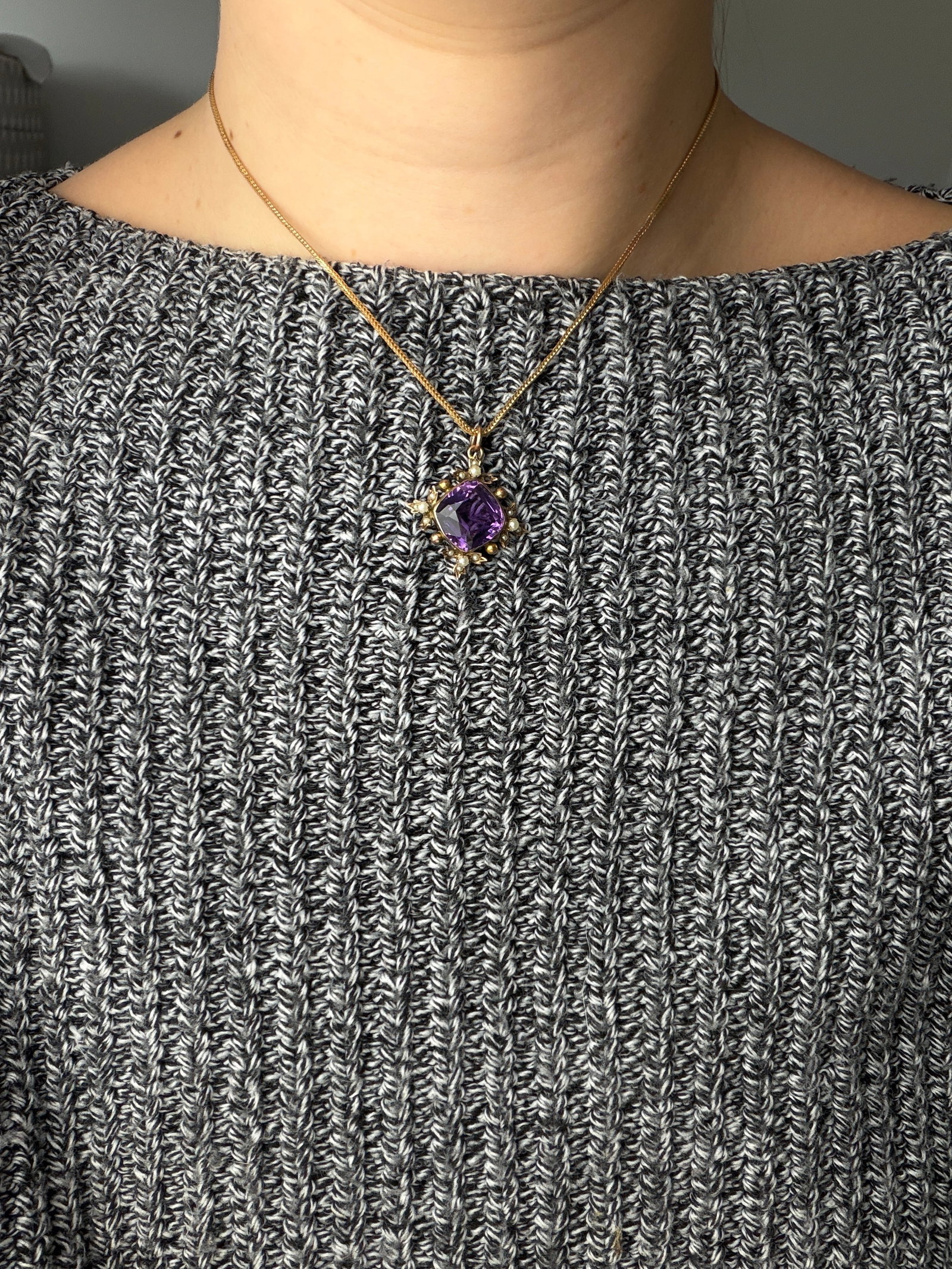 ANTIQUE 9CT YELLOW GOLD AMETHYST AND PEARL PENDANT - 6