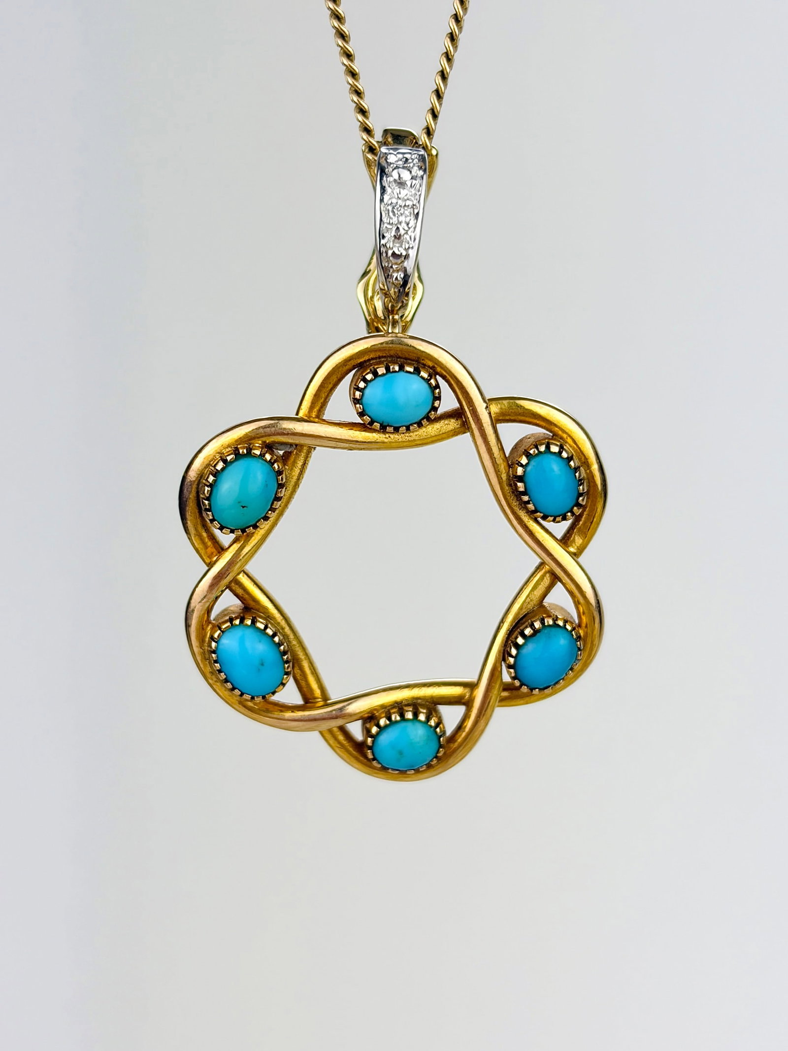 TURQUOISE ORNATE FLOWER PENDANT WITH DIAMOND BALE IN GOLD: TURQUOISE ORNATE FLOWER PENDANT WITH DIAMOND BALE IN GOLD Weight: 5.71g Size: 35x26x5mm Materials: Gold Hallmarks: None present Condition: Very good overall condition. Some signs of