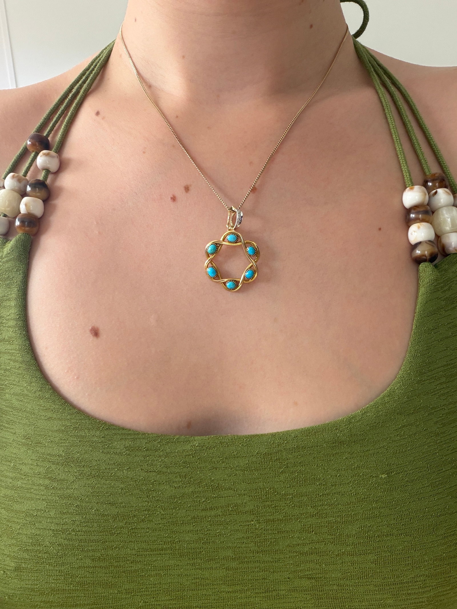 TURQUOISE ORNATE FLOWER PENDANT WITH DIAMOND BALE IN GOLD - 2