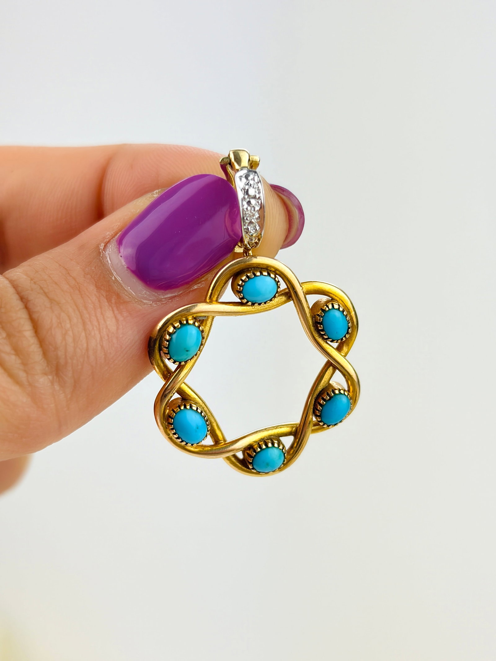 TURQUOISE ORNATE FLOWER PENDANT WITH DIAMOND BALE IN GOLD - 3