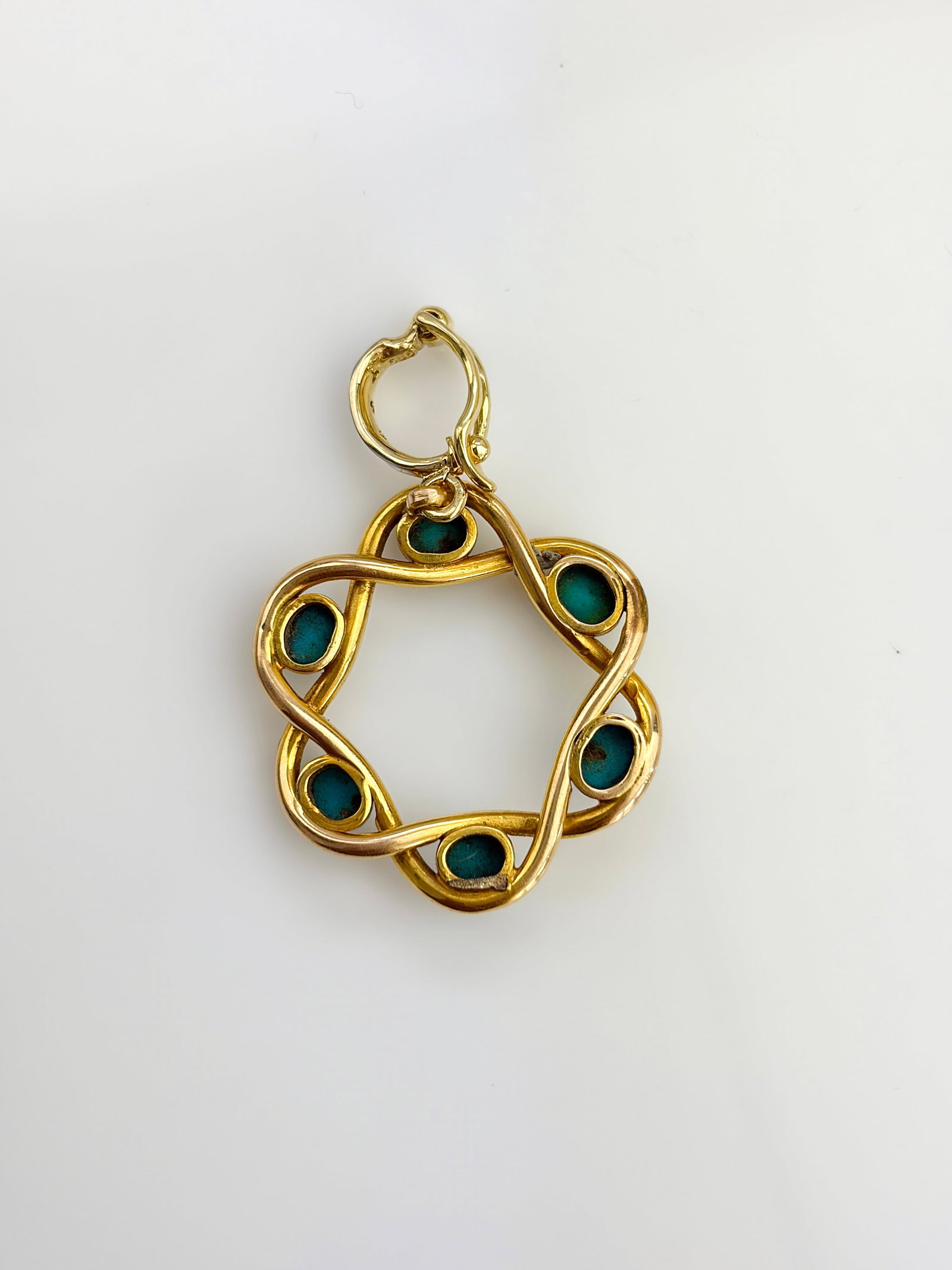 TURQUOISE ORNATE FLOWER PENDANT WITH DIAMOND BALE IN GOLD - 5