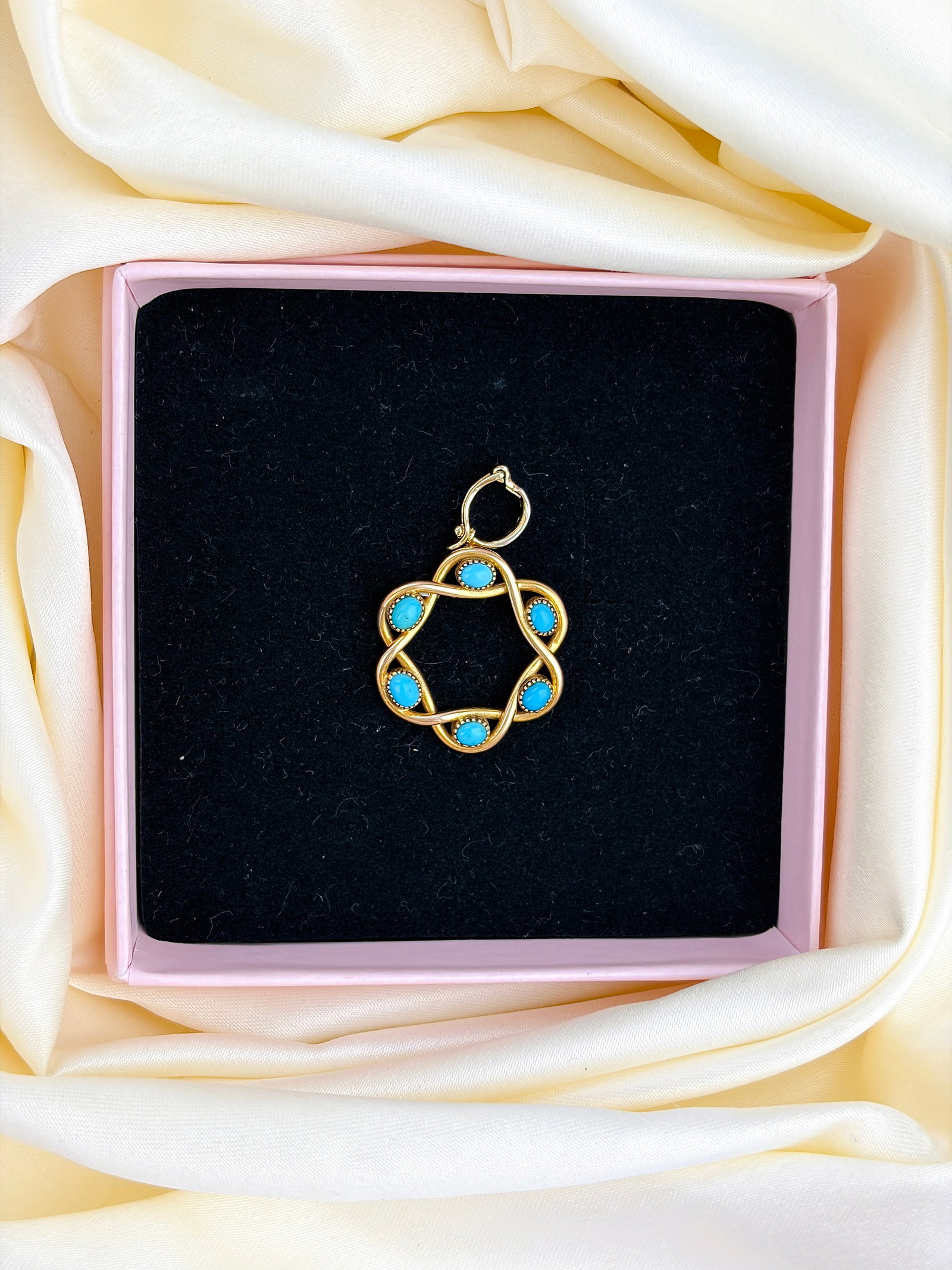 TURQUOISE ORNATE FLOWER PENDANT WITH DIAMOND BALE IN GOLD - 7
