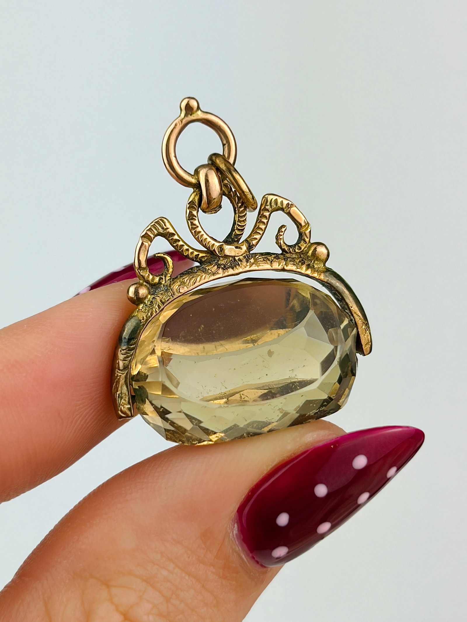 sweet vintage 9ct gold carved citrine spinning fob seal pendant - 3