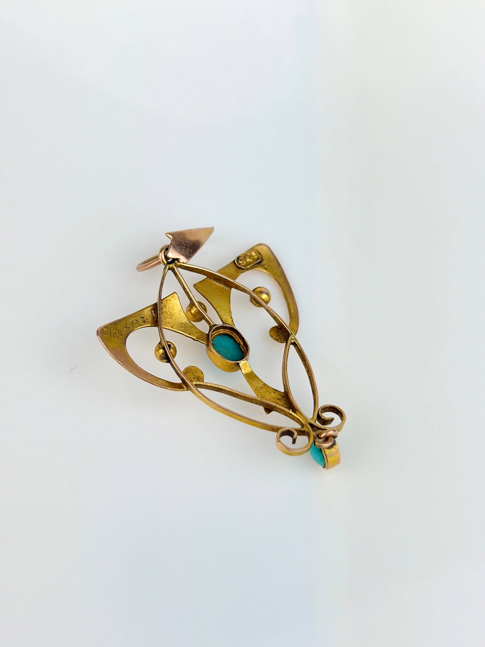 Antique 9ct Gold Ornate Turquoise Pendant - 4