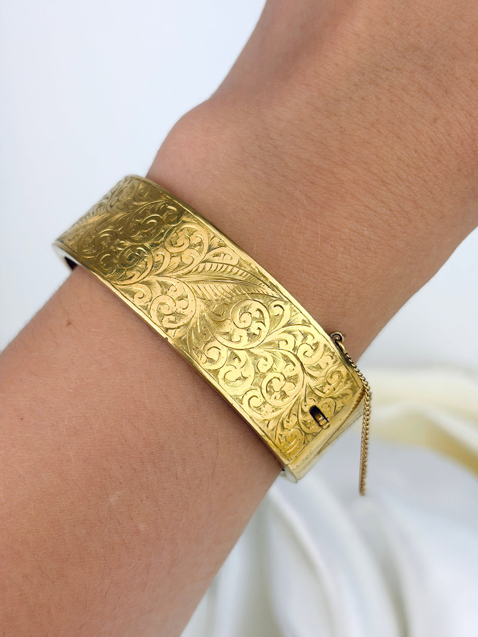 Antique Heavy Engraved Bangle / Bracelet with Safety Chain - 6
