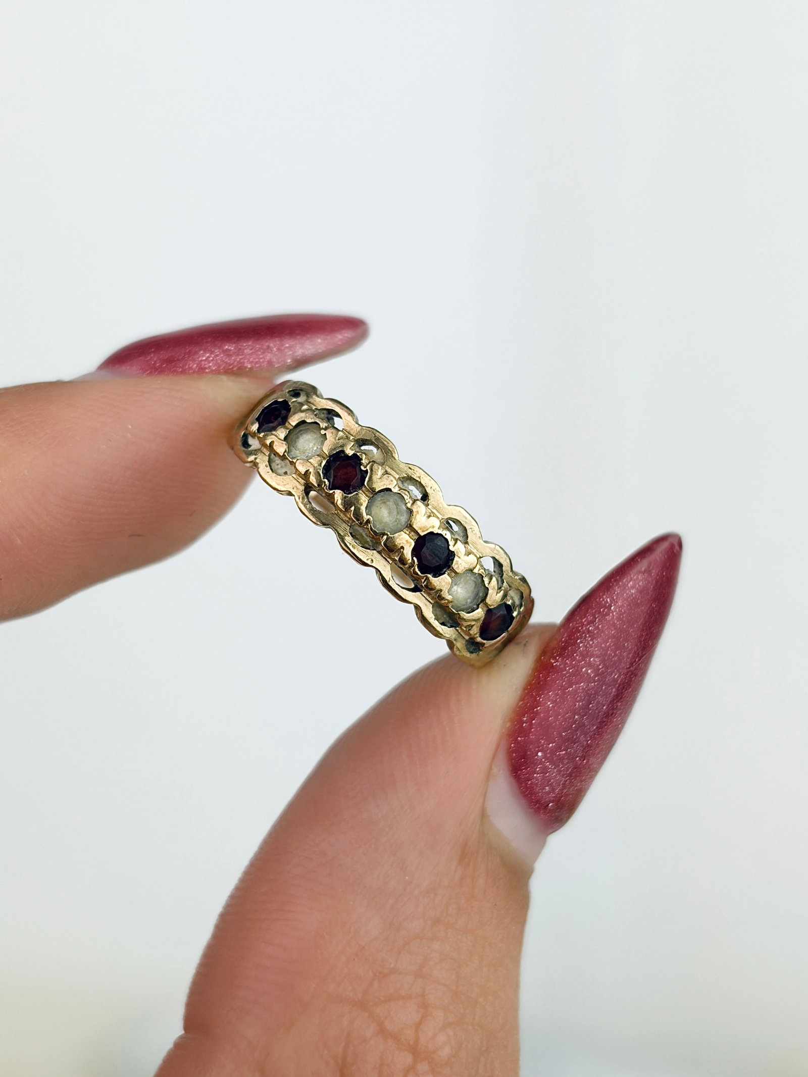Vintage 9ct Yellow Gold Garnet and White Stone Half Hoop Ring - 5