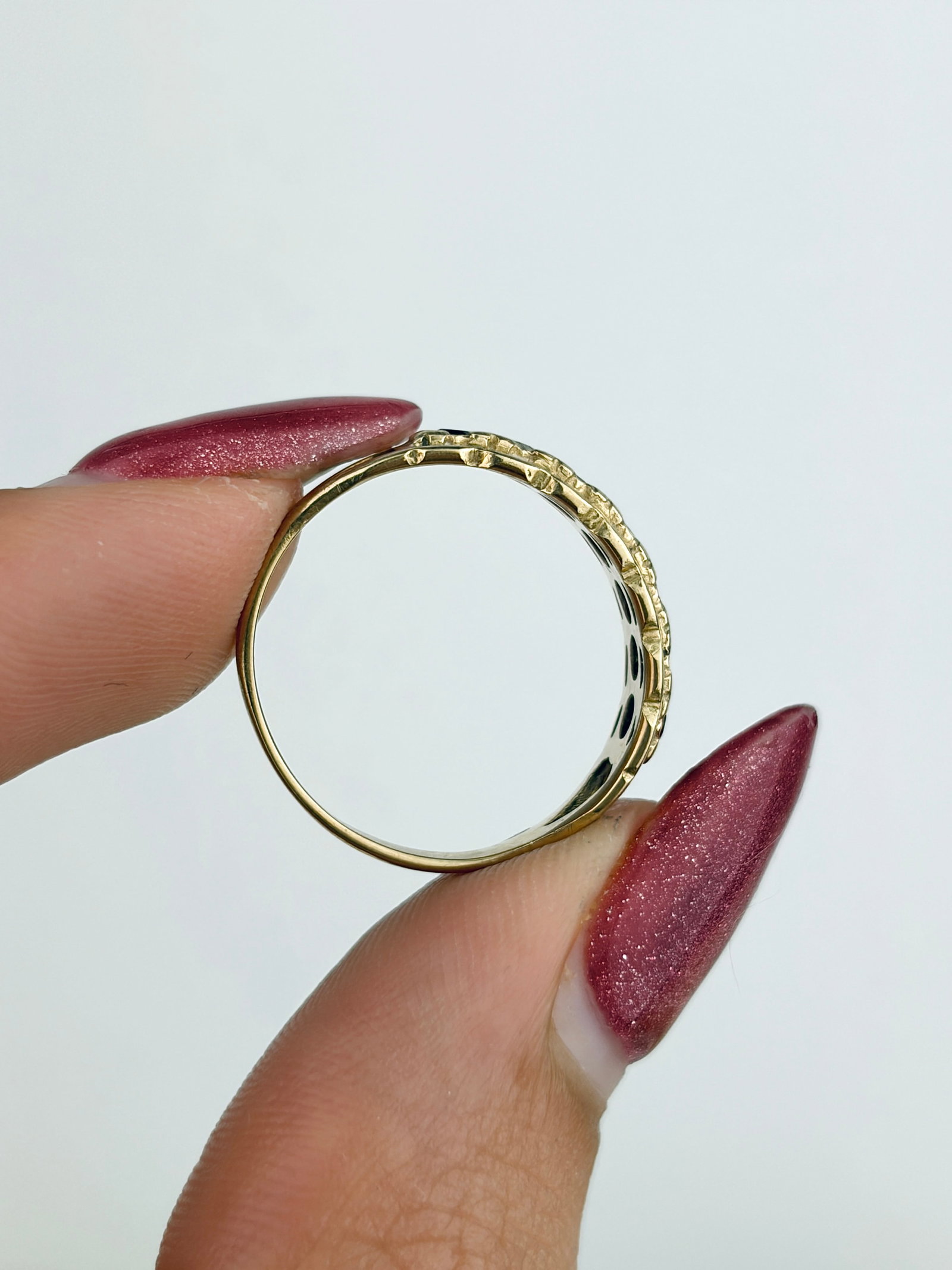 Vintage 9ct Yellow Gold Garnet and White Stone Half Hoop Ring - 6
