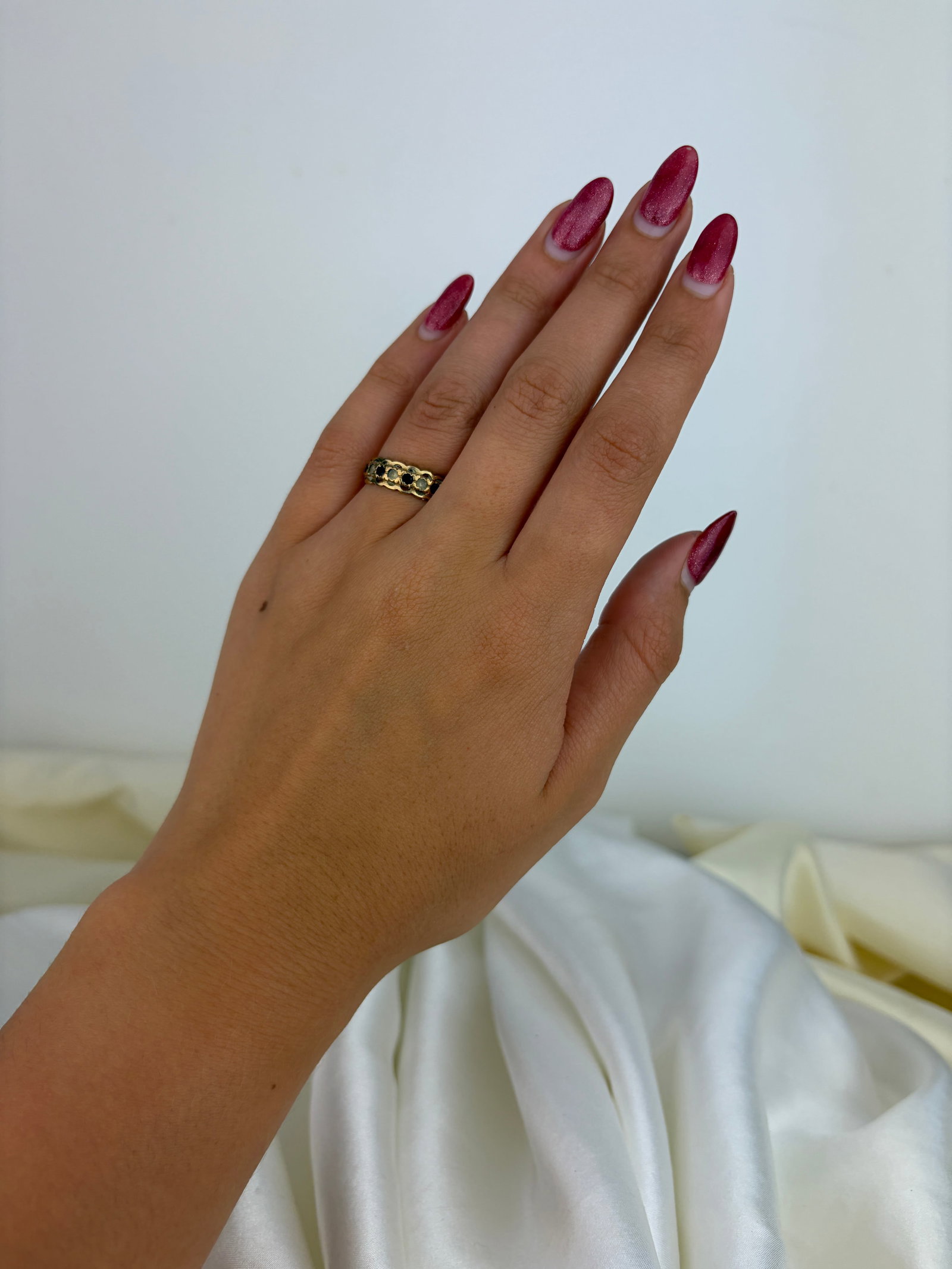 Vintage 9ct Yellow Gold Garnet and White Stone Half Hoop Ring - 7
